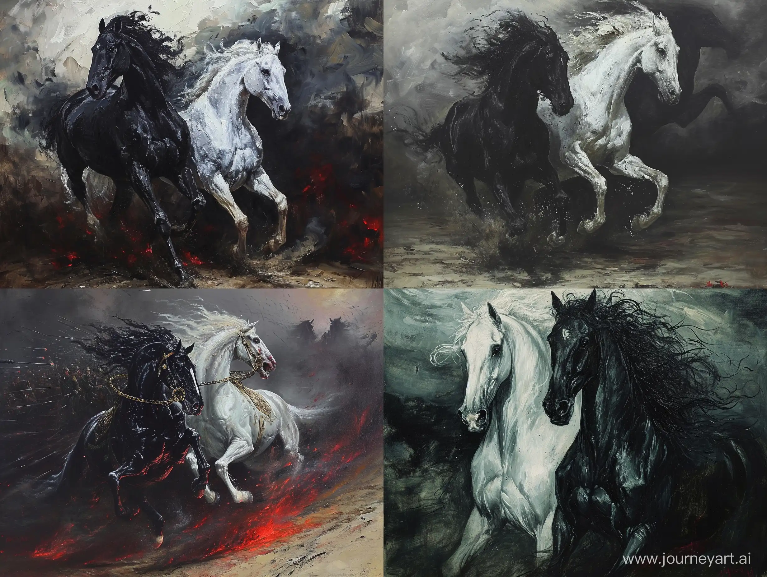 черная лошадь, белая лошадь, эпичная битва, картина маслом, хорор