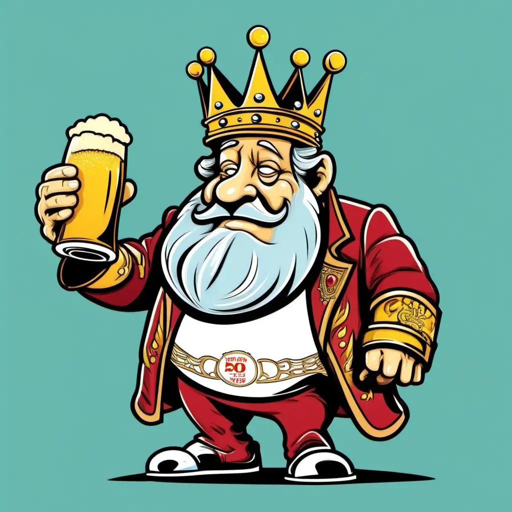 The King celebrating his 50th birthday with a beer in his hand (cartoon style)