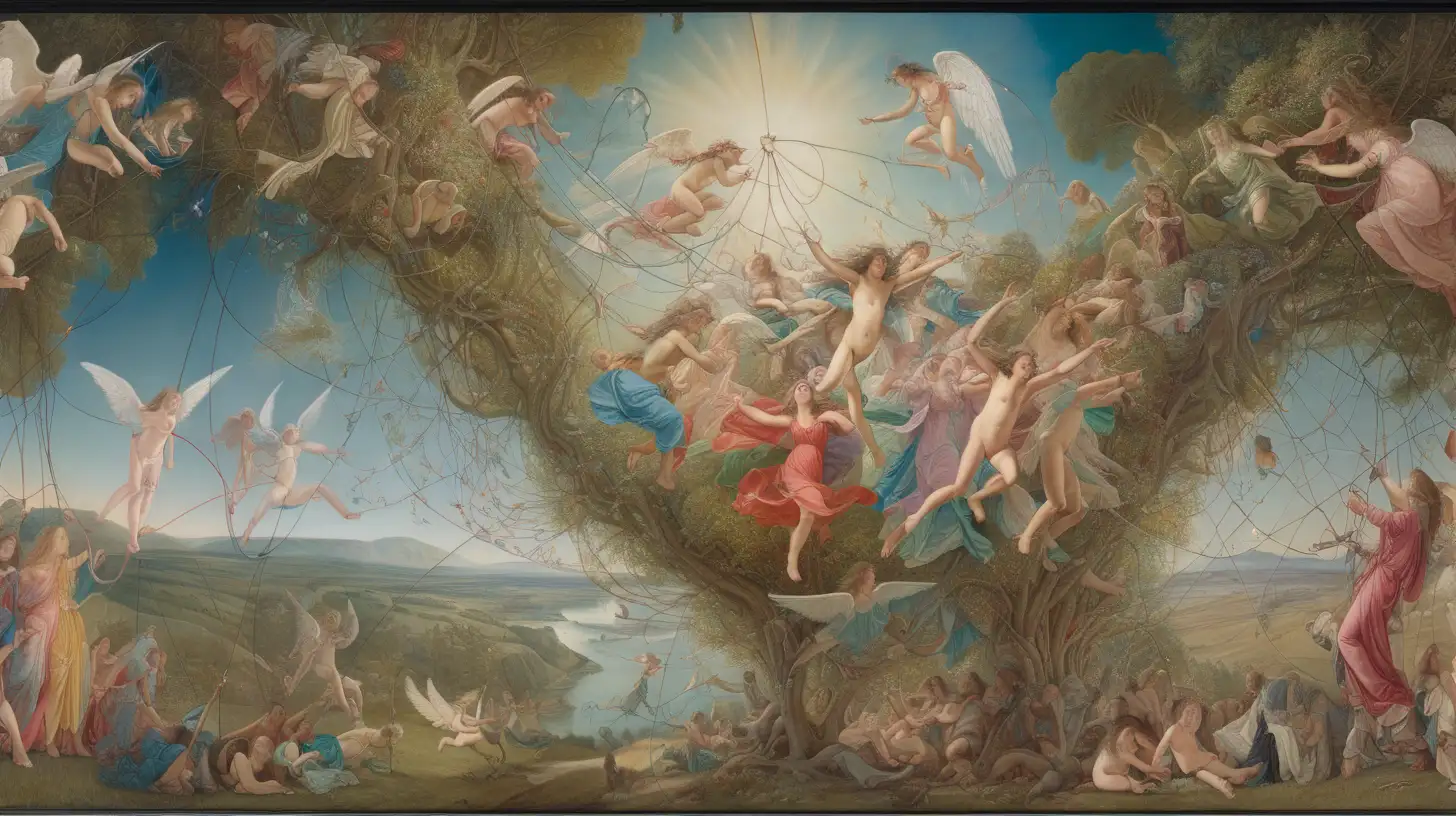 electric colors, cartographic, by Richard dadd, by greg rutkowski, hanging vines, angel, 360 panorama, by david mann, scroll painting, third person, dramatic