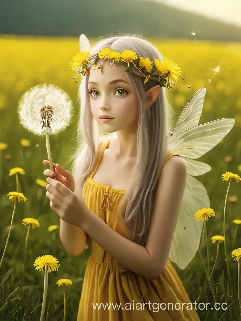 fairy in a dandelion field, holding a dandelion in her hand