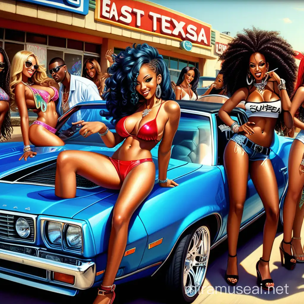 east Texasa cityscape. African American people partying in souped-up cars. AFRICAN AMERICAN hot sexy fine stunning model girls. The video is a visual feast of fast cars, beautiful women snarling smile laugh, and urban landscapes, capturing the adrenaline-fueled excitement of the rap lifestyle IN 2013