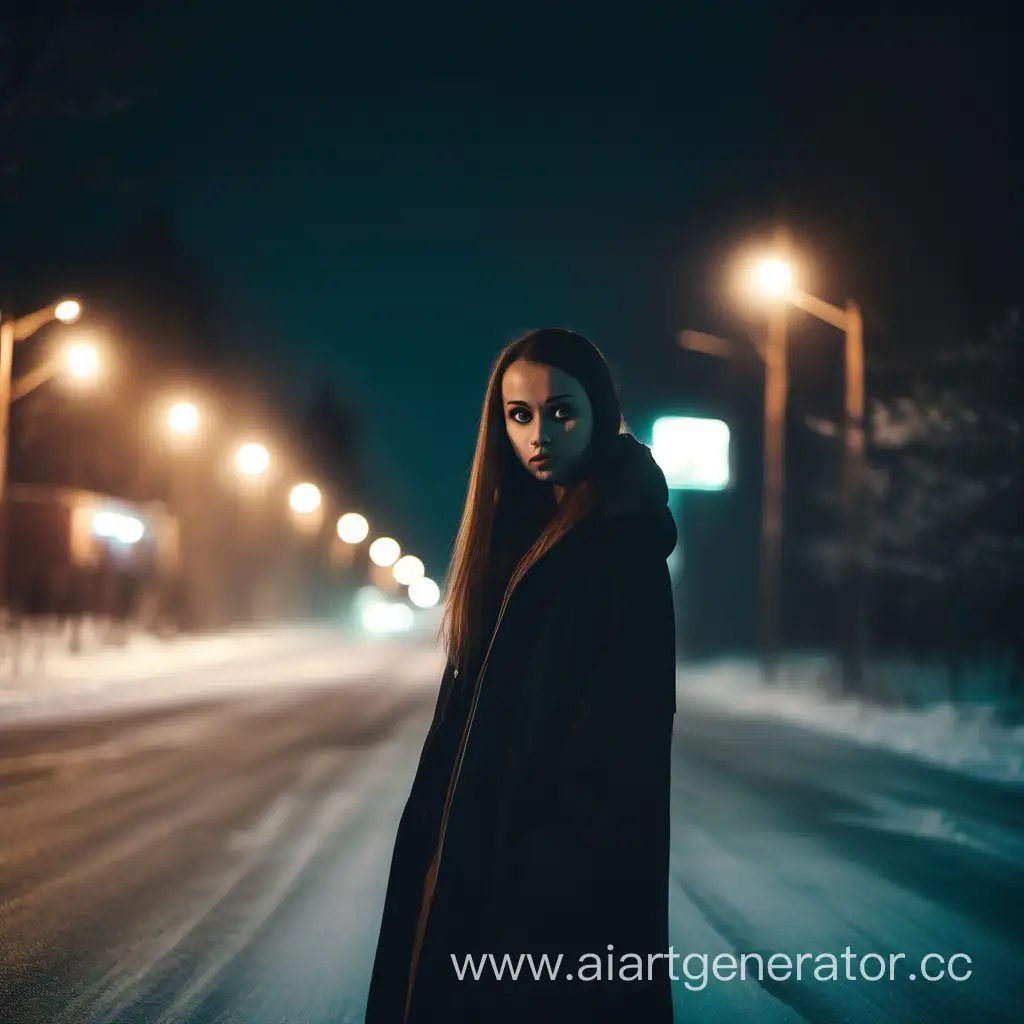 a woman standing in the middle of a street at night, gigachad meme, siberia!!, a beautiful teen-aged girl, in the middle of nowhere, ominous photo, wide forehead, by Dom Qwek, low quality photo, hot petite, with a dramatic looking, rukis, empty streets, featured, f / 1