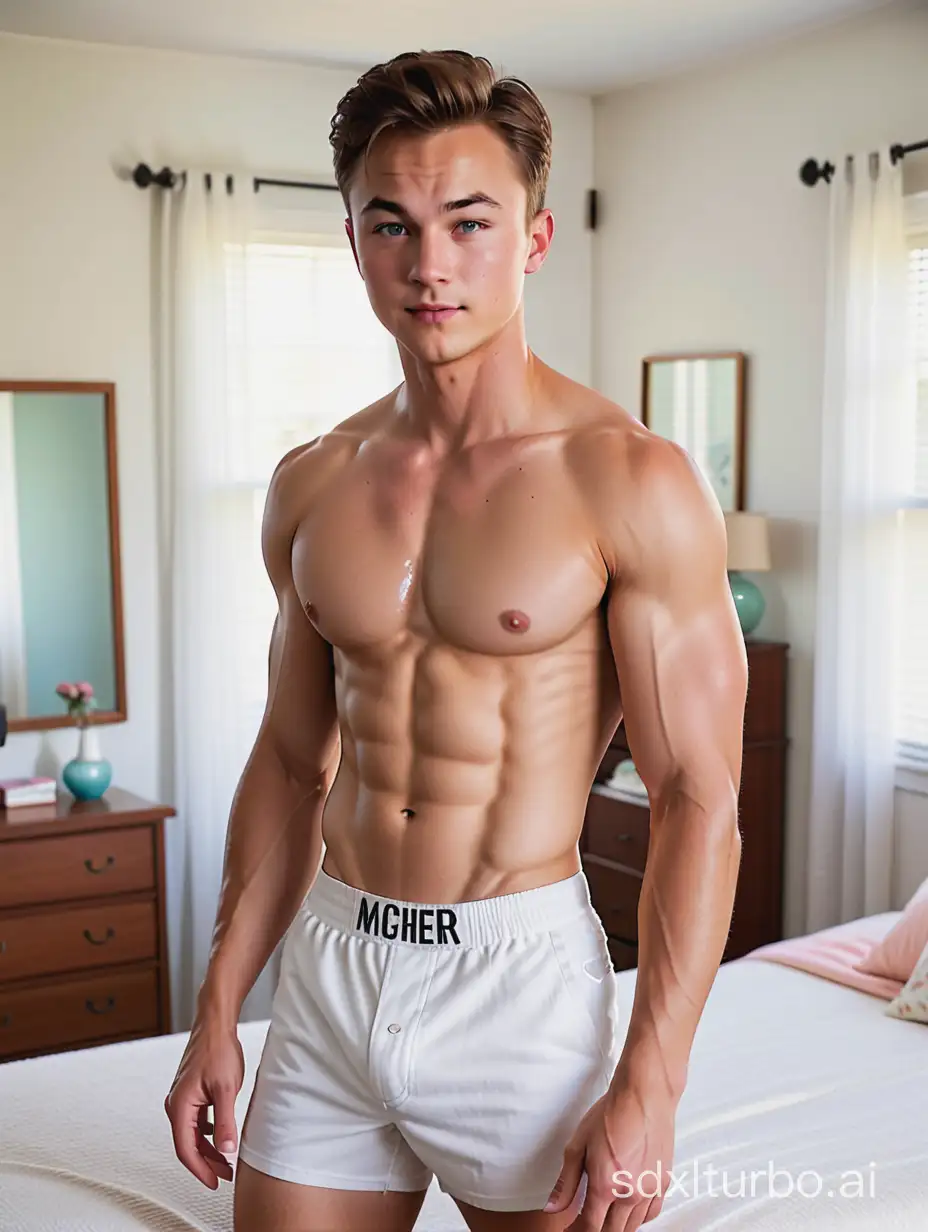 Peyton Meyer with ripped eight pack abs, shirtless in white boxers in 1950s suburban LA bedroom, face and body photo, 16k, medium shot, very high quality, very high resolution, fitness, macho, virile, masculine, sexy, youthful,