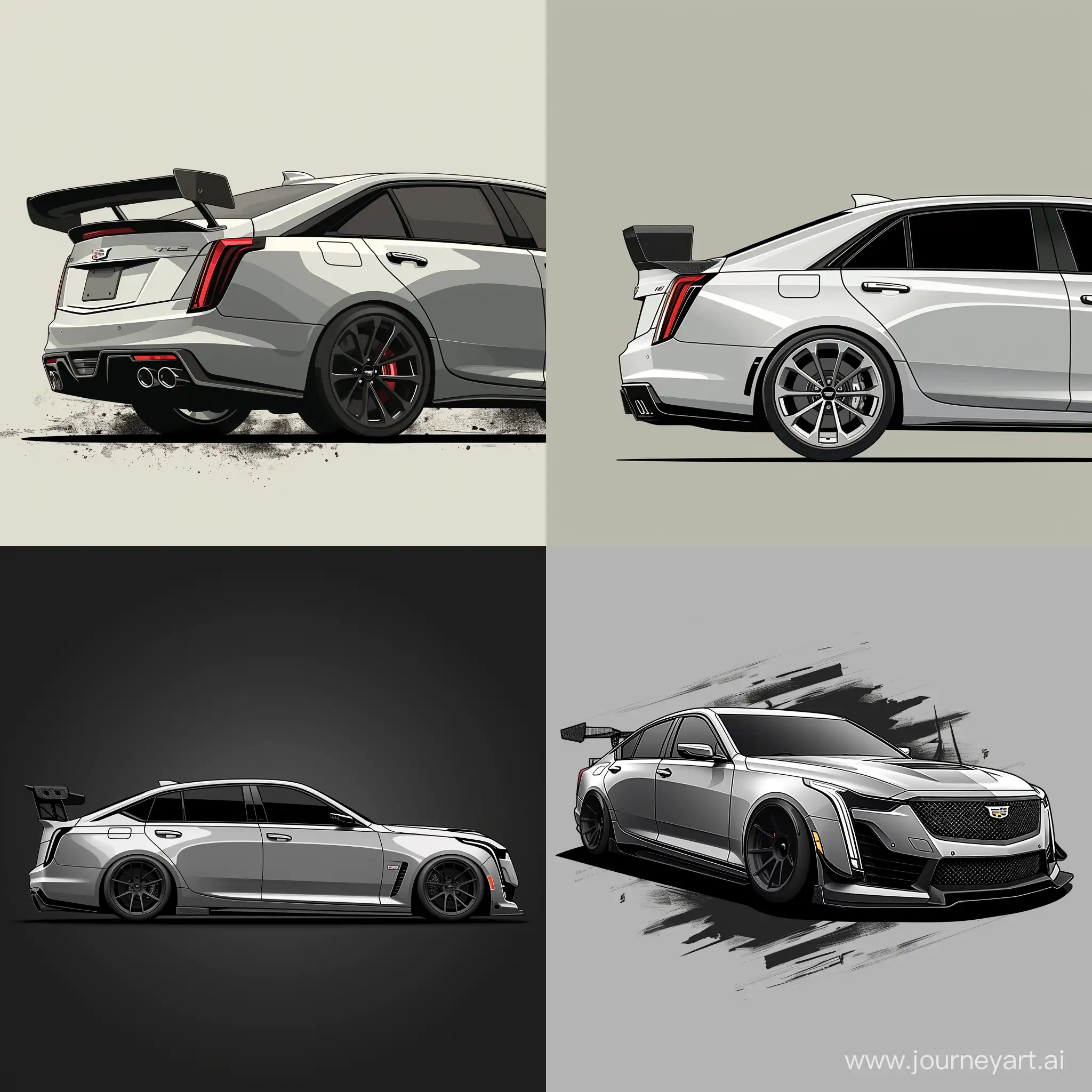 Minimalist 2D Car Illustration at a 25 degree angle from: Silver Cadillac CT5 Black Wing, Simple Charcoal Background, Adobe Illustrator Software, High Precision