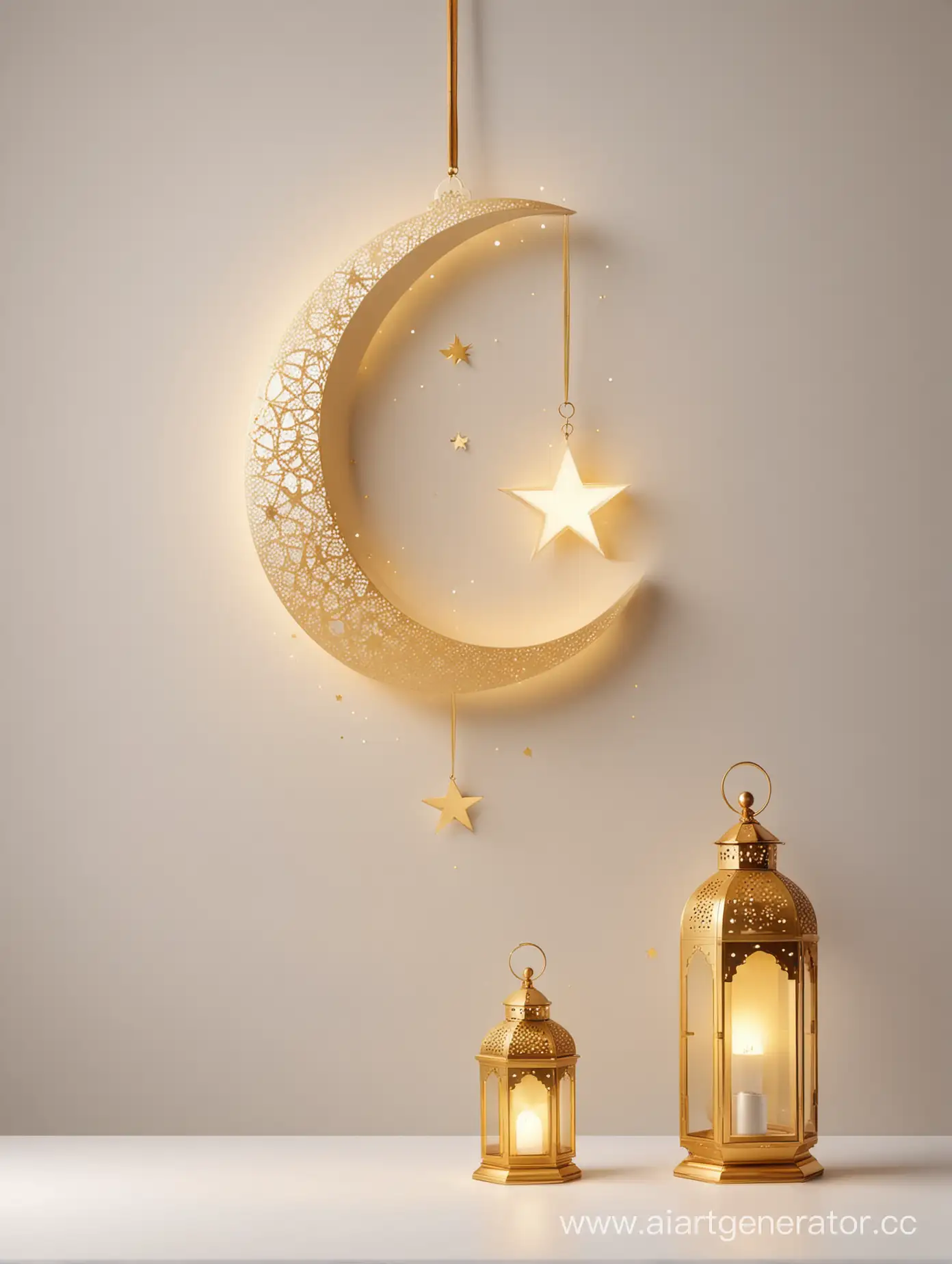 Modern-Islamic-Ramadan-Moon-Star-and-Lantern-Concept-on-Golden-and-White-Background