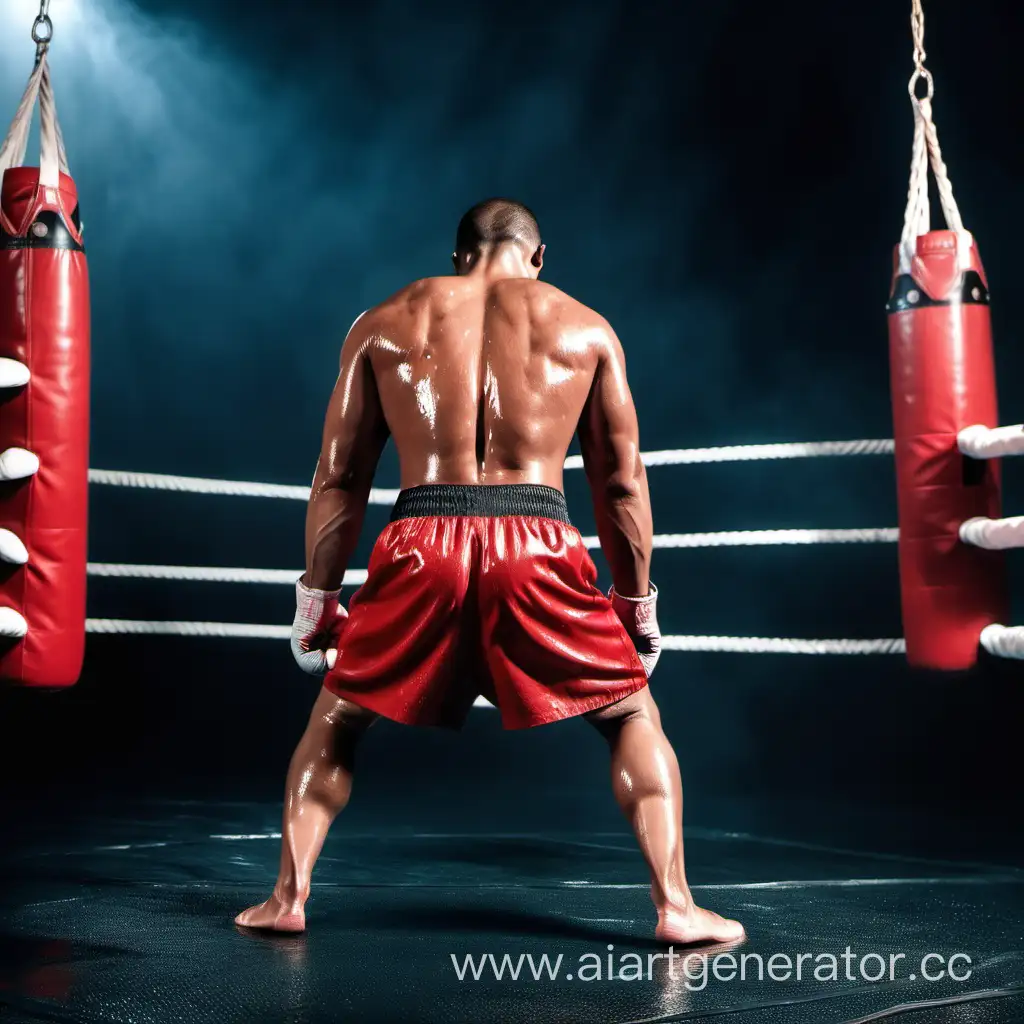 Мускулистый мокрый боксер в широких красных трусах сидит на корточках на ринге