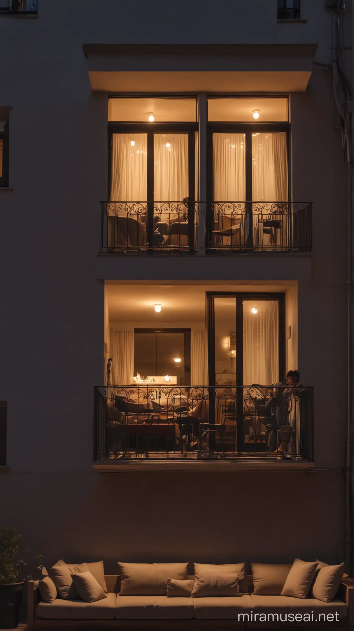 sera, una casa con balcone con una luce accesa e una finestra dove si intravede una donna seduta su un divano con un libro tra le mani