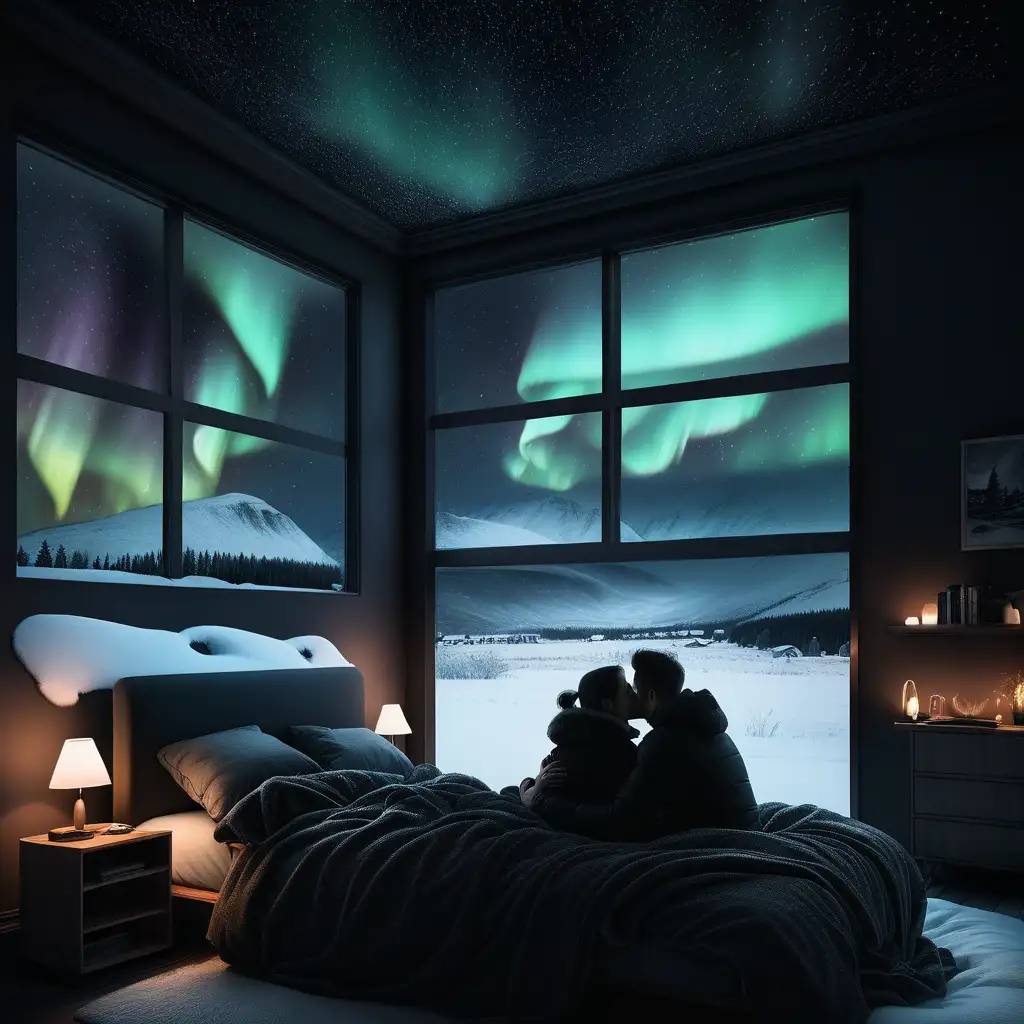 Romantic Couple Cuddling in Dark Room with Northern Lights Projection