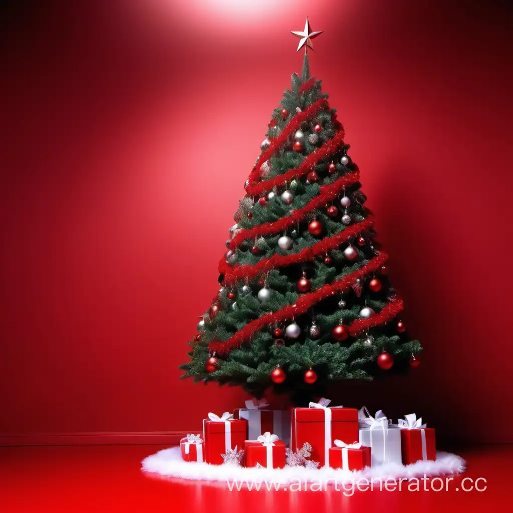 Vibrant-New-Year-Celebration-with-a-Majestic-Christmas-Tree-on-a-Festive-Red-Background