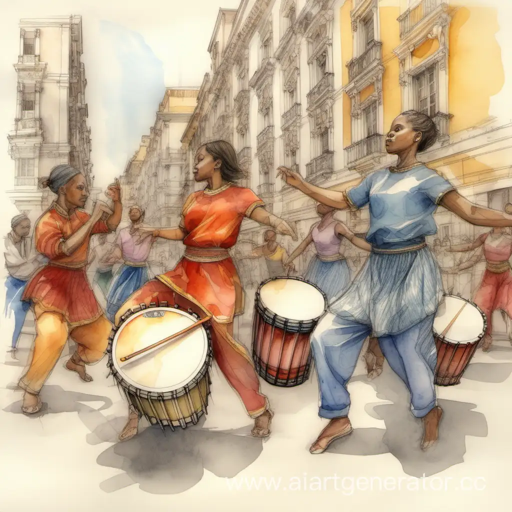 Vibrant-Architectural-Dance-Pencil-and-Watercolor-Sketch-with-Drums