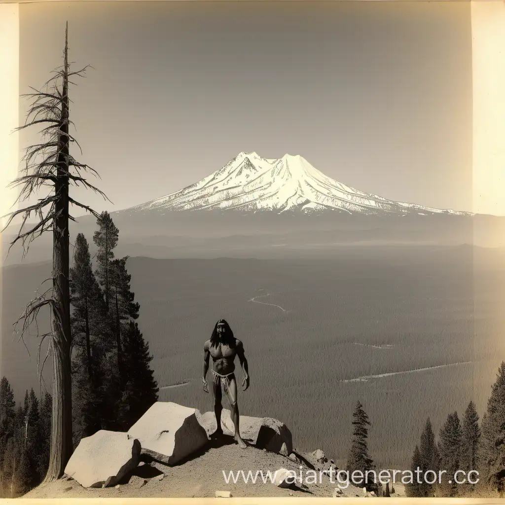 indian spirit standing on top of mt mazama, with the  entrance that goes down into the mountain beside him, with mt shasta in the background, all forest