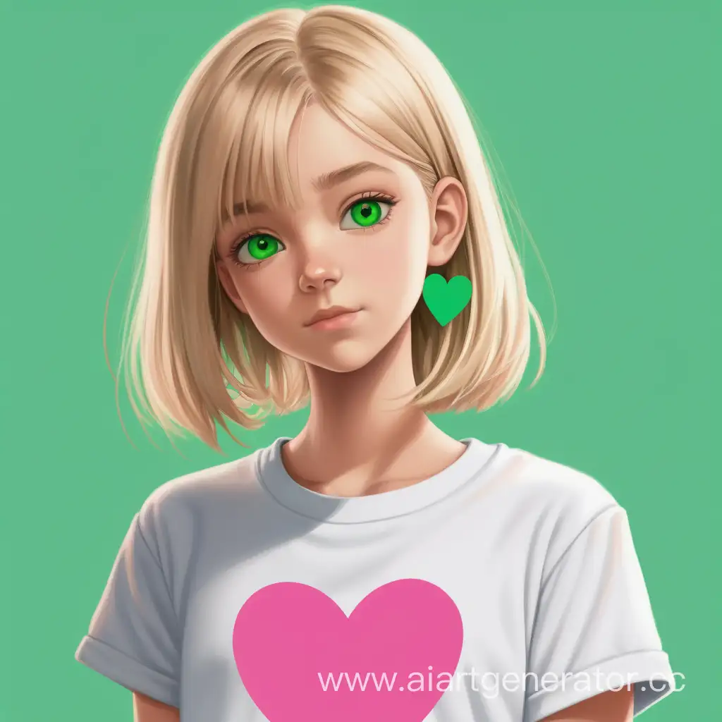 девушка 15 лет блондинка с каре и  с зелеными глазами . белая футболка .джинсы. на футболке зеленое розовое сердце