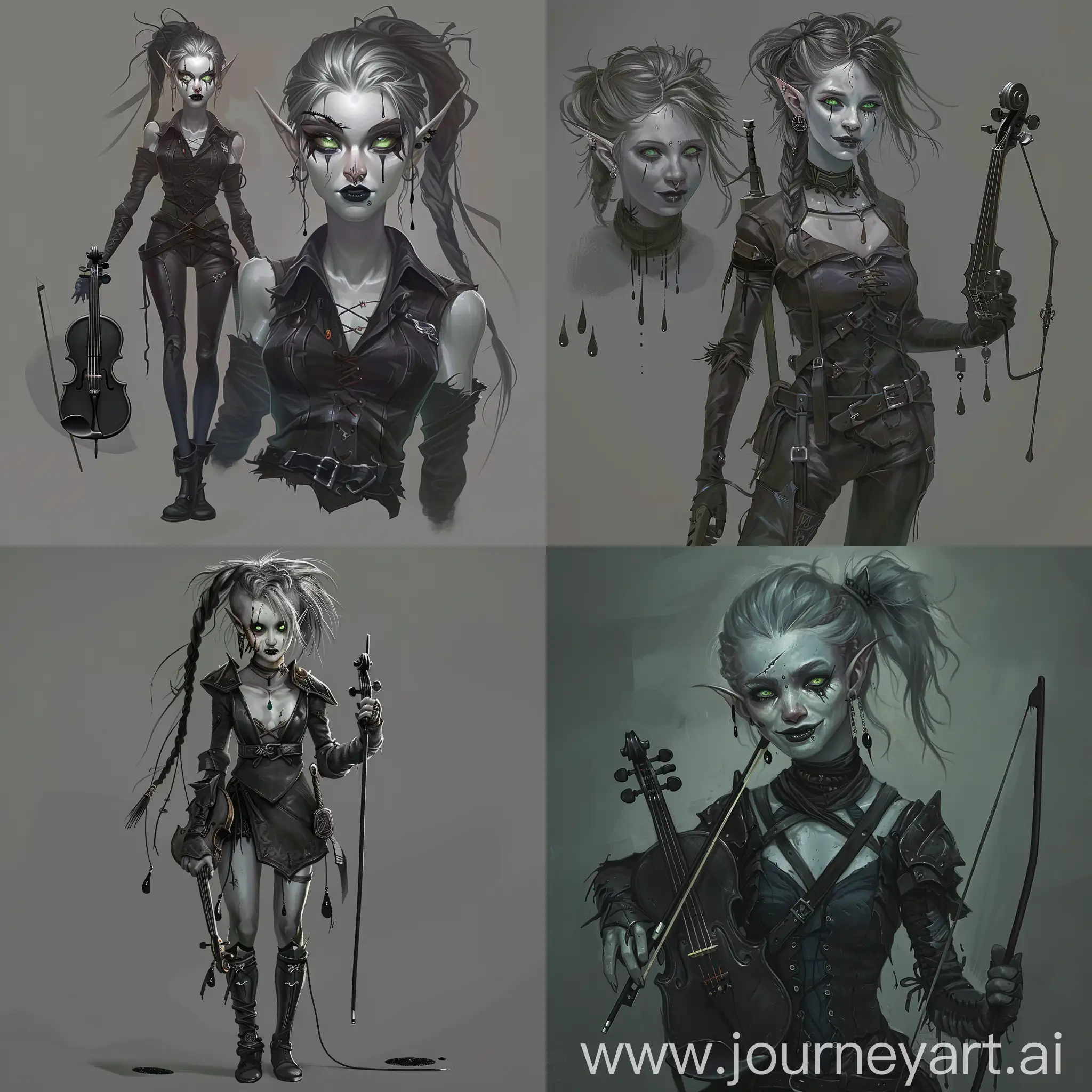 Character concept art. Full body. Young woman dark elf (Drow) with pale skin color and ash braided hair. She has messy hairstyle, dark green glowy eyes, dark lips and black teardrops. Her look is sadistic and evel (crazy) smile. She has eyebrow piercing, ear piercing, black slim leather armor, violin in left hand, rapier in right hand (she play violin by the rapier). She wear strict shirt with open neck and long sleeves and high pank black shoes. She look like bard from DnD. Midnight. Image is sinister and in dark gray tones.