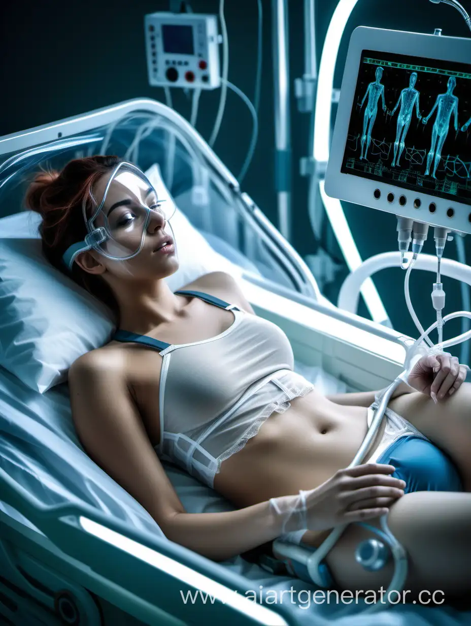 Young Adult woman lying in a futuristic medical bed. She is in underwear. Clear full face oxygen mask. She is connected to many medical devices, including an EKG and a urinary catheter.