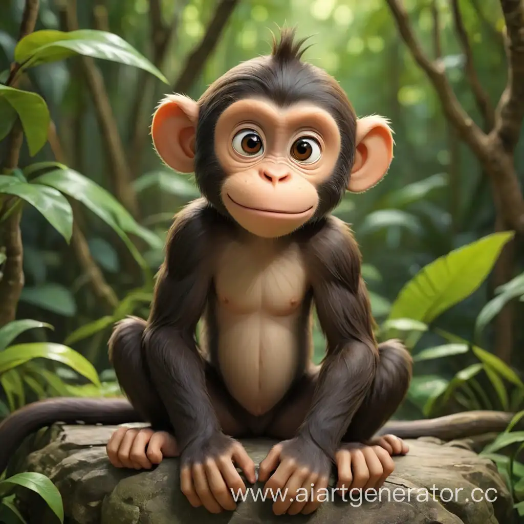 Cartoon-Monkey-Sitting-in-Colorful-Jungle-Scene