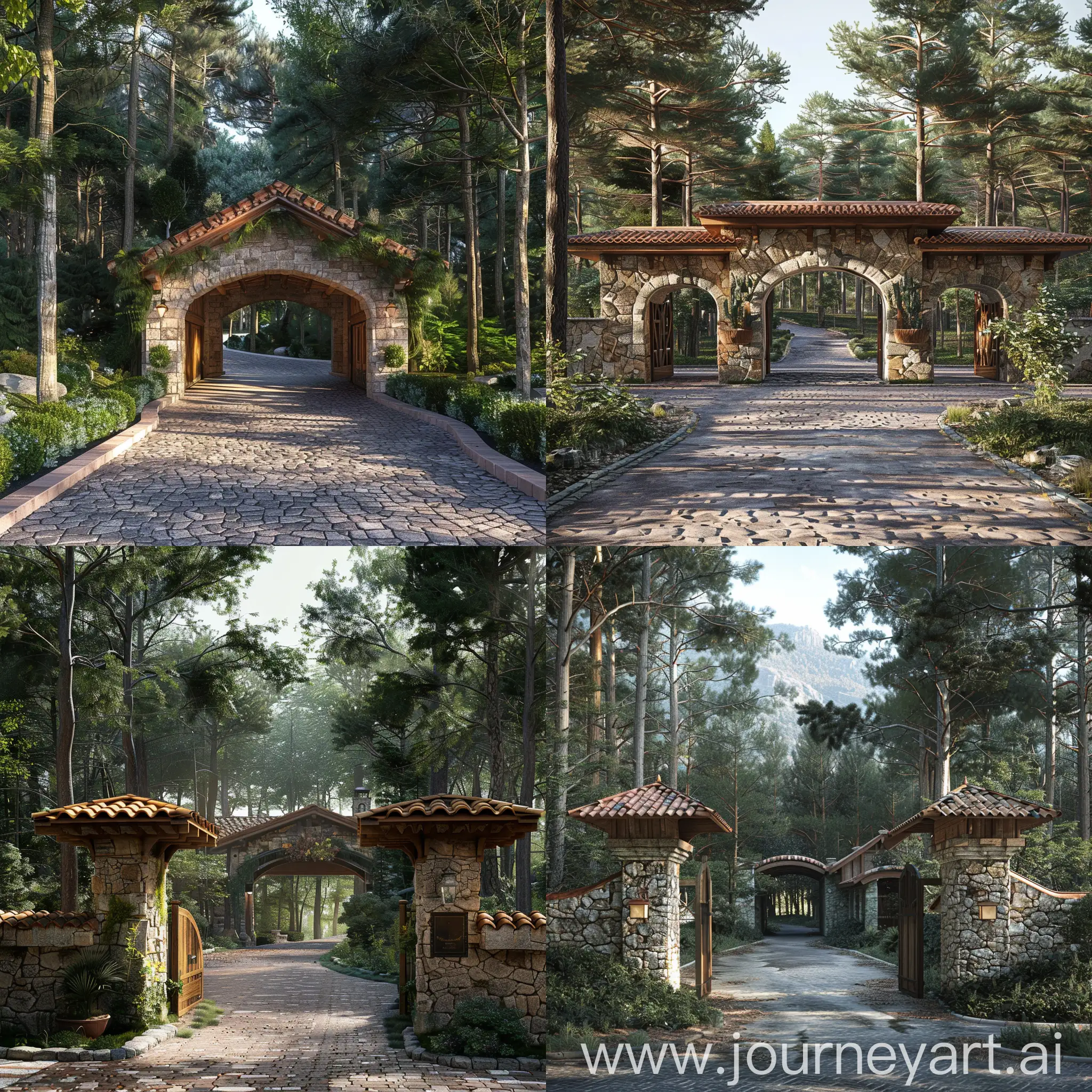 Haz un render realista de una entrada vehicular en el bosque con un estilo mezclado entre toscana italiana y hacienda mexicana, con piedra y madera