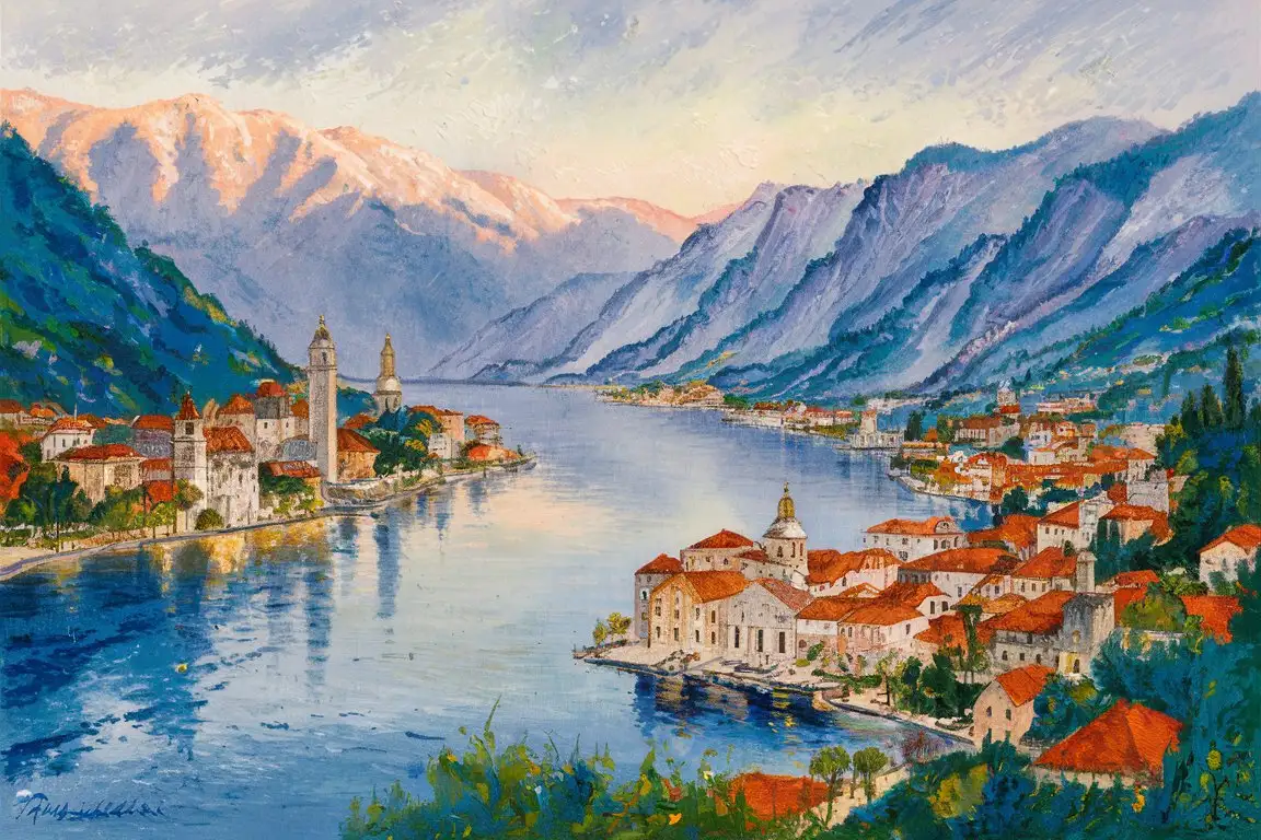 impressionism painting of The Bay of Kotor, nestled along the Adriatic coast of Montenegro, is a breathtakingly beautiful fjord-like inlet surrounded by towering mountains and dotted with charming medieval towns. 
