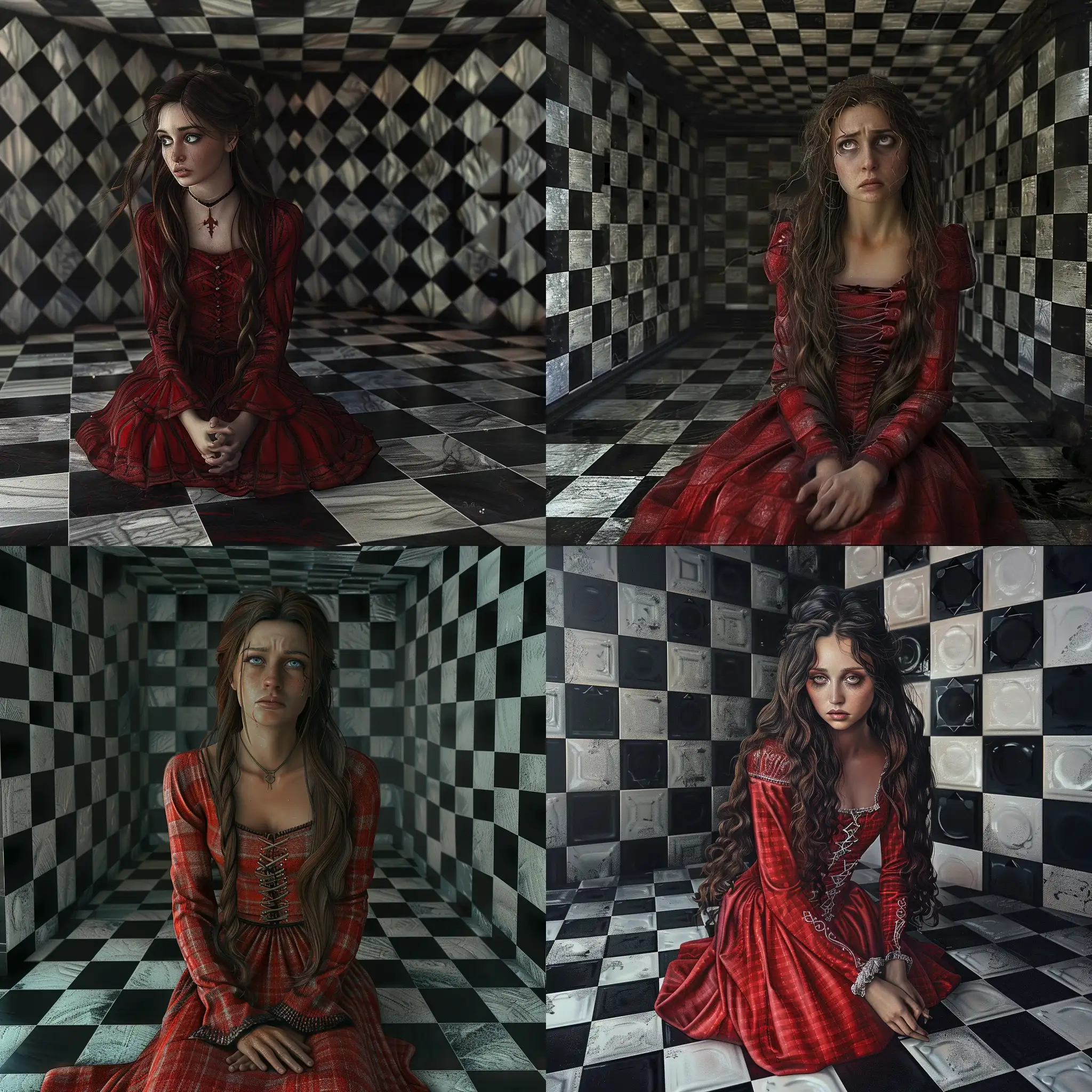 A highly detailed image of a beautiful medieval woman with sad eyes and long hair , wearing a  red medieval dress sitting on the floor in a black and white checkerboard room.  The walls and ceiling are also large black and white tiles and matches the floor. . Beautiful magical mysterious fantasy surreal highly detailed . Pre Raphaelite 