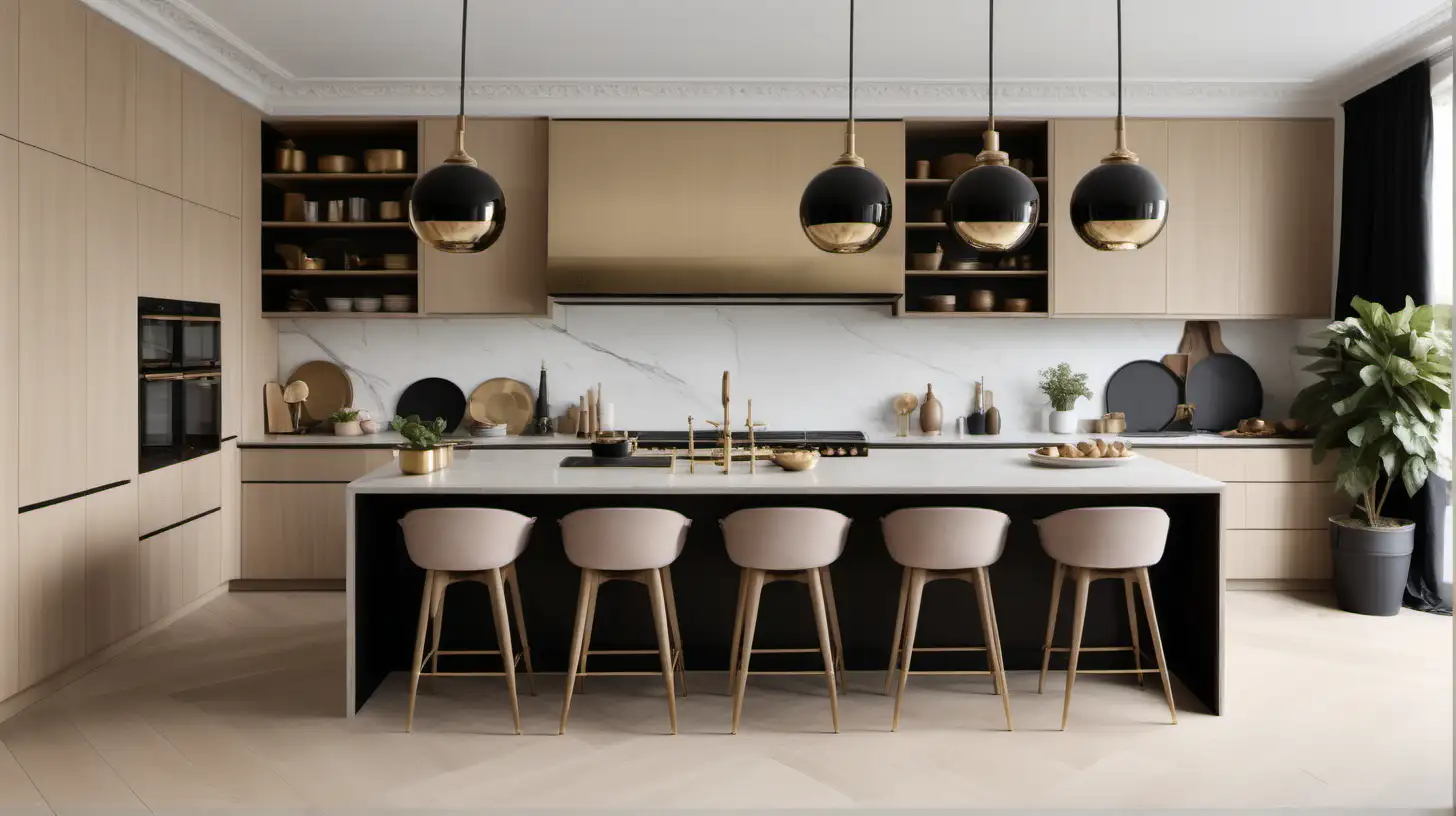 Modern Parisian large open kitchen; beige, light oak, brass, black colour palette; 