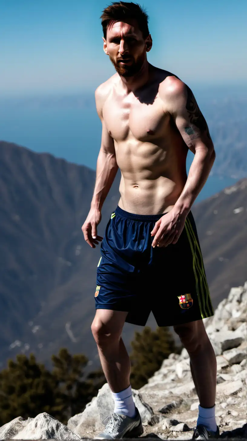 Lionel Messi shirtless at the top of a mountain