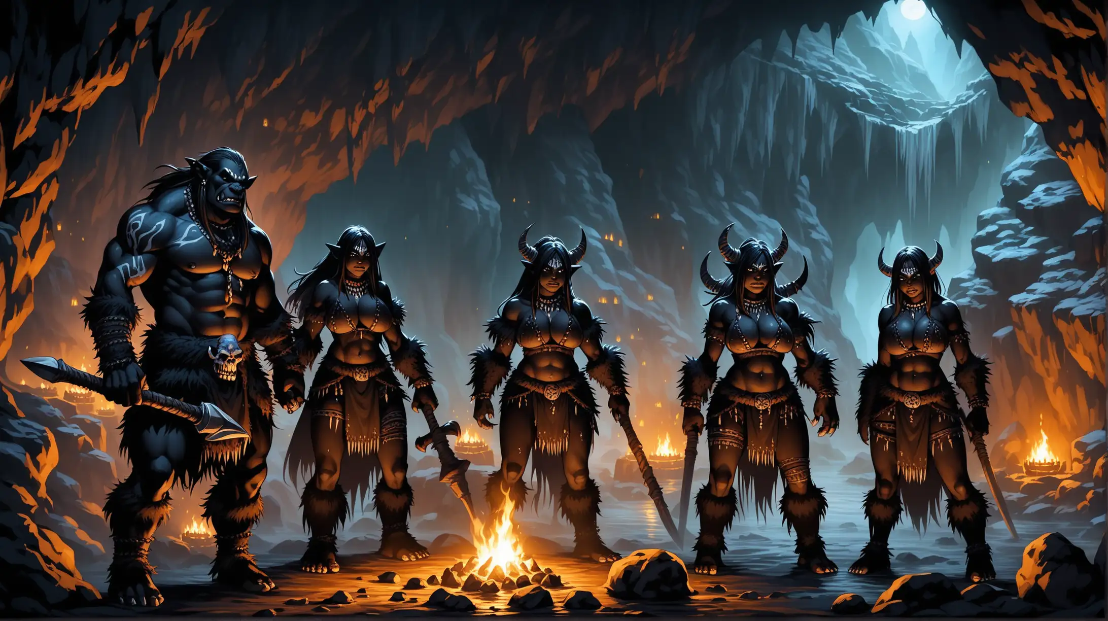 tribe of ink black orcs with full charcoal black skin, barbarians and shamans, women, caves, night, Medieval fantasy