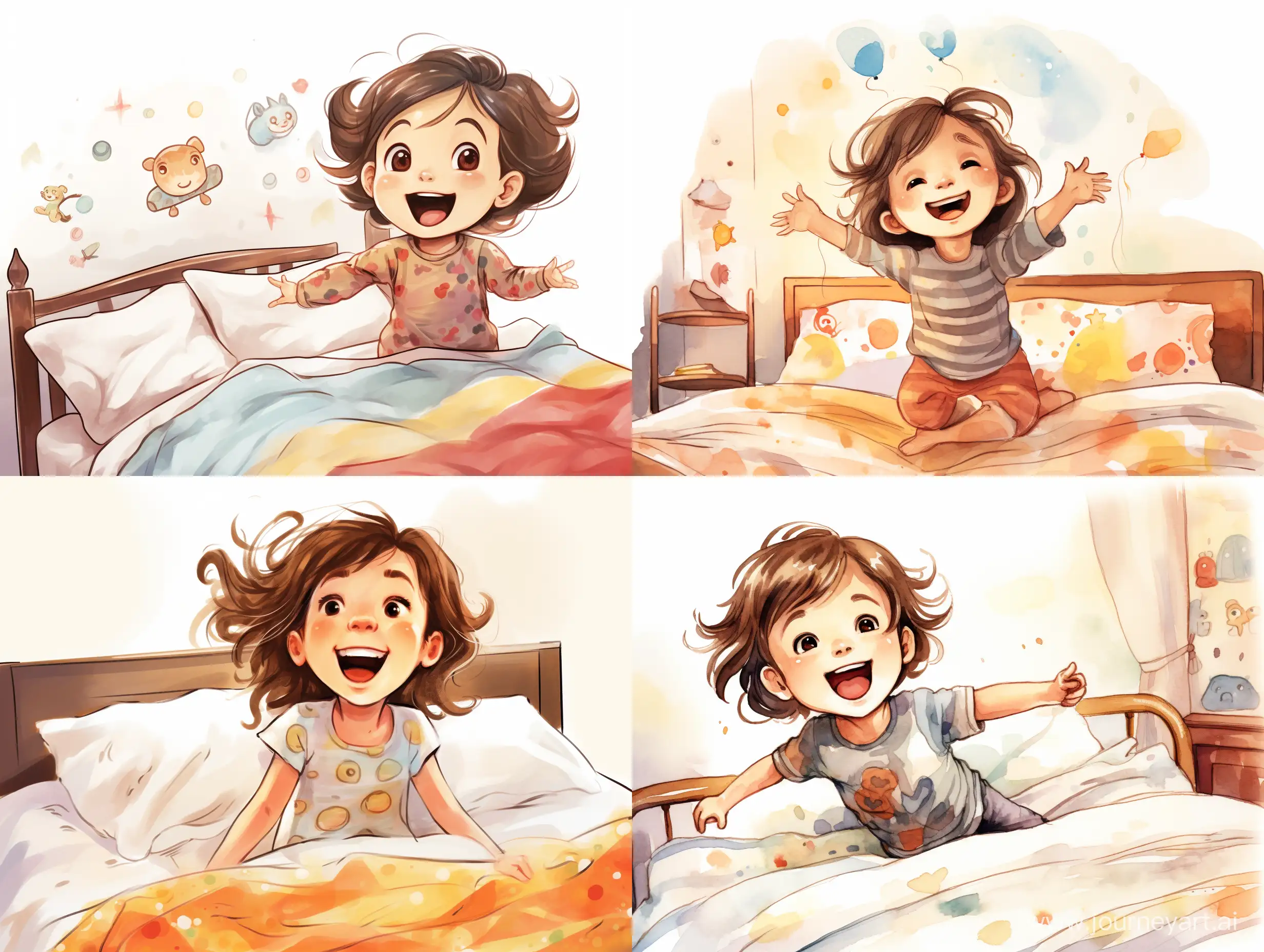 A three-year-old girl, light brown hair above her shoulders, with brown eyes, long eyelashes, small mouth, thin lips, joyfully, jumping on a sick bed, laughing, stylized caricature, decorative, flat illustration, on a white background, watercolor, ink, Victor Ngai style, bright colors