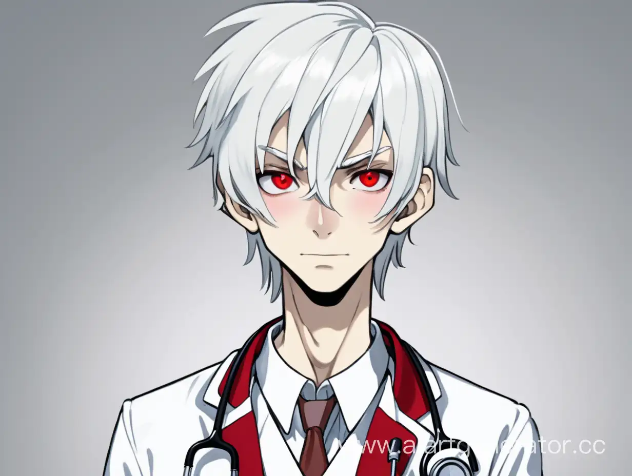 беловолосый худой мальчик с красными глазами и в белом костюме доктора