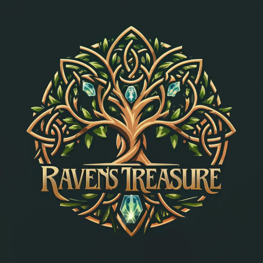 a logo design,with the text "Raven's Treasure", main symbol:nature, tree, crystal,complex,clear background