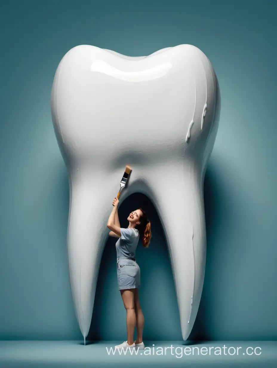 a woman stands tall and paints a large white tooth with a brush