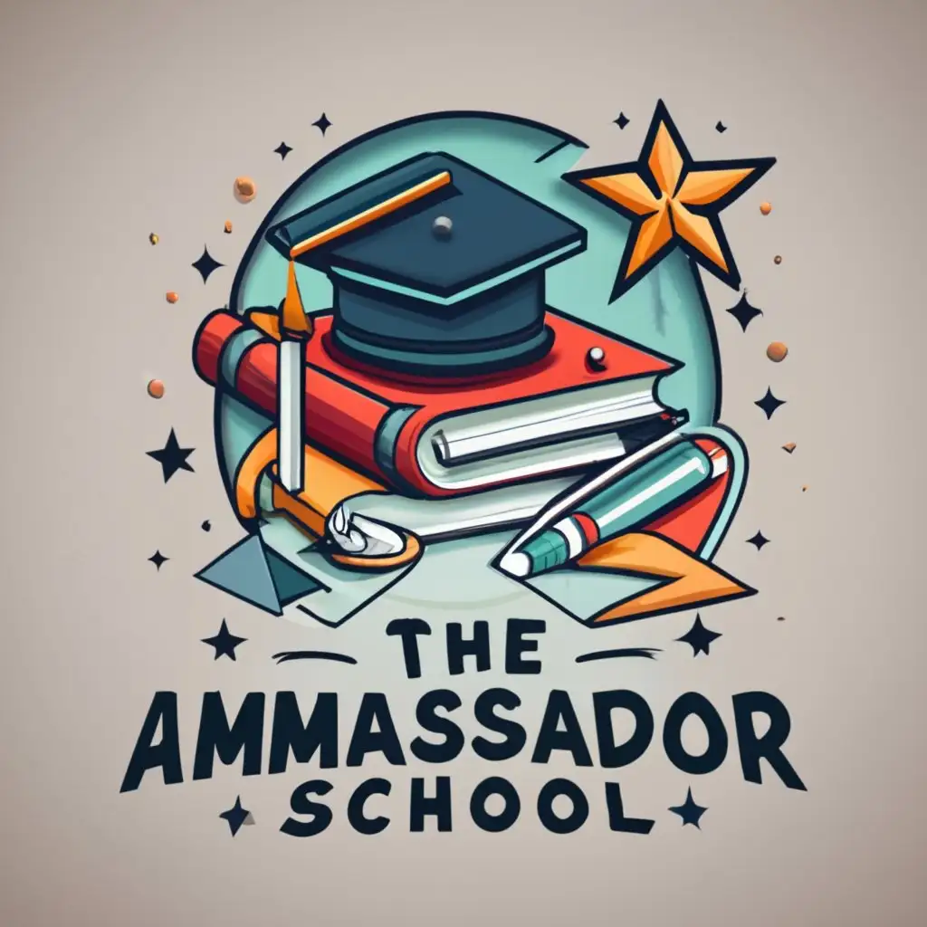 logo, Book, Pencil, Graduate hat, with the text "THE AMBASSADOR SCHOOL", typography, be used in Education industry. Make the logo be in 3D format. Add stars and frame the entire logo in a circle