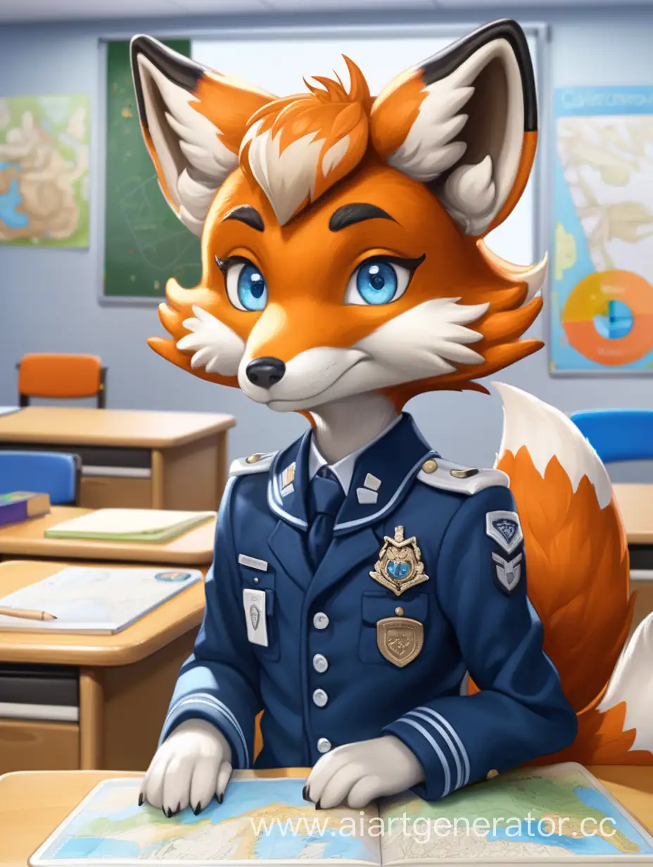 furry fox, blue eyes, cartography 
cadet uniform in classroom