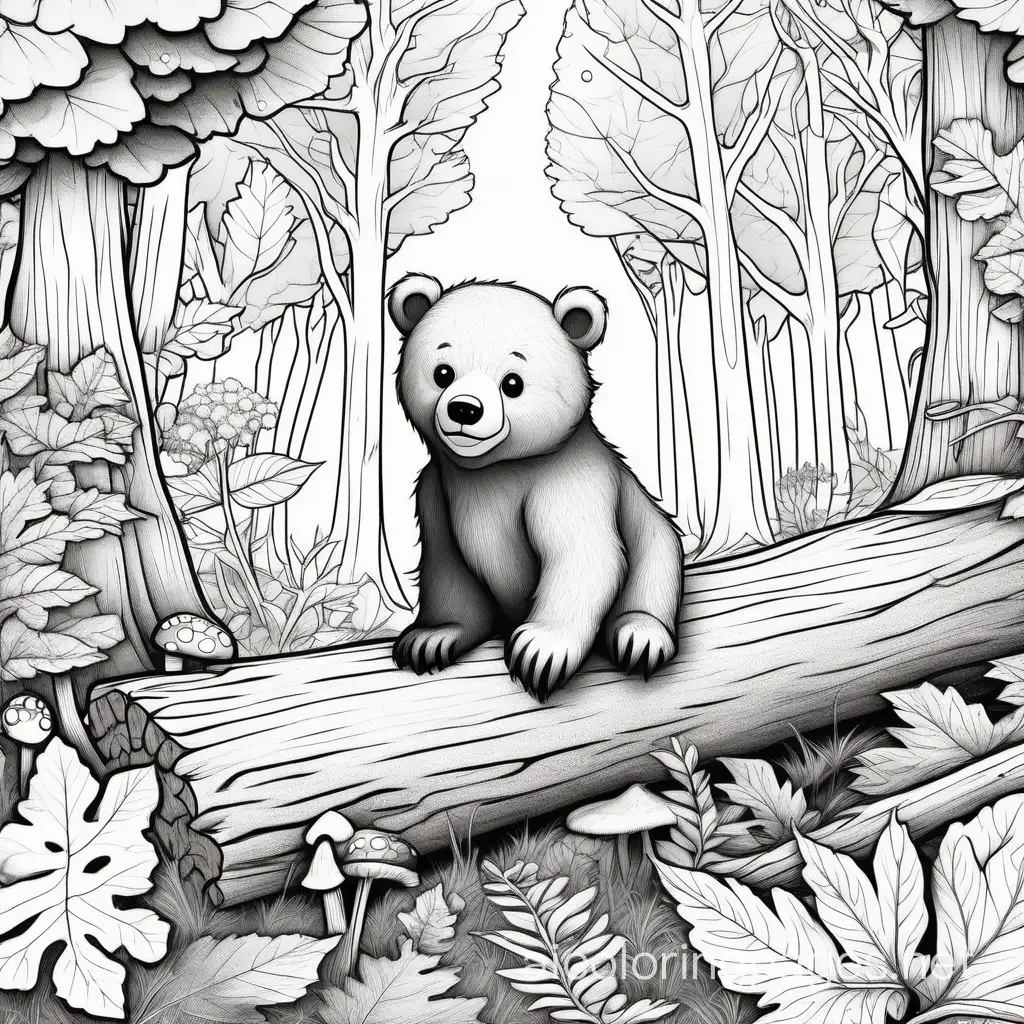 Cute Bear: Deep within a magical forest, a bear cub balances on a fallen log. Sunlight filters through the leaves, dappling the moss-covered ground. Mushrooms and wildflowers surround the little bear., Coloring Page, black and white, line art, white background, Simplicity, Ample White Space. The background of the coloring page is plain white to make it easy for young children to color within the lines. The outlines of all the subjects are easy to distinguish, making it simple for kids to color without too much difficulty