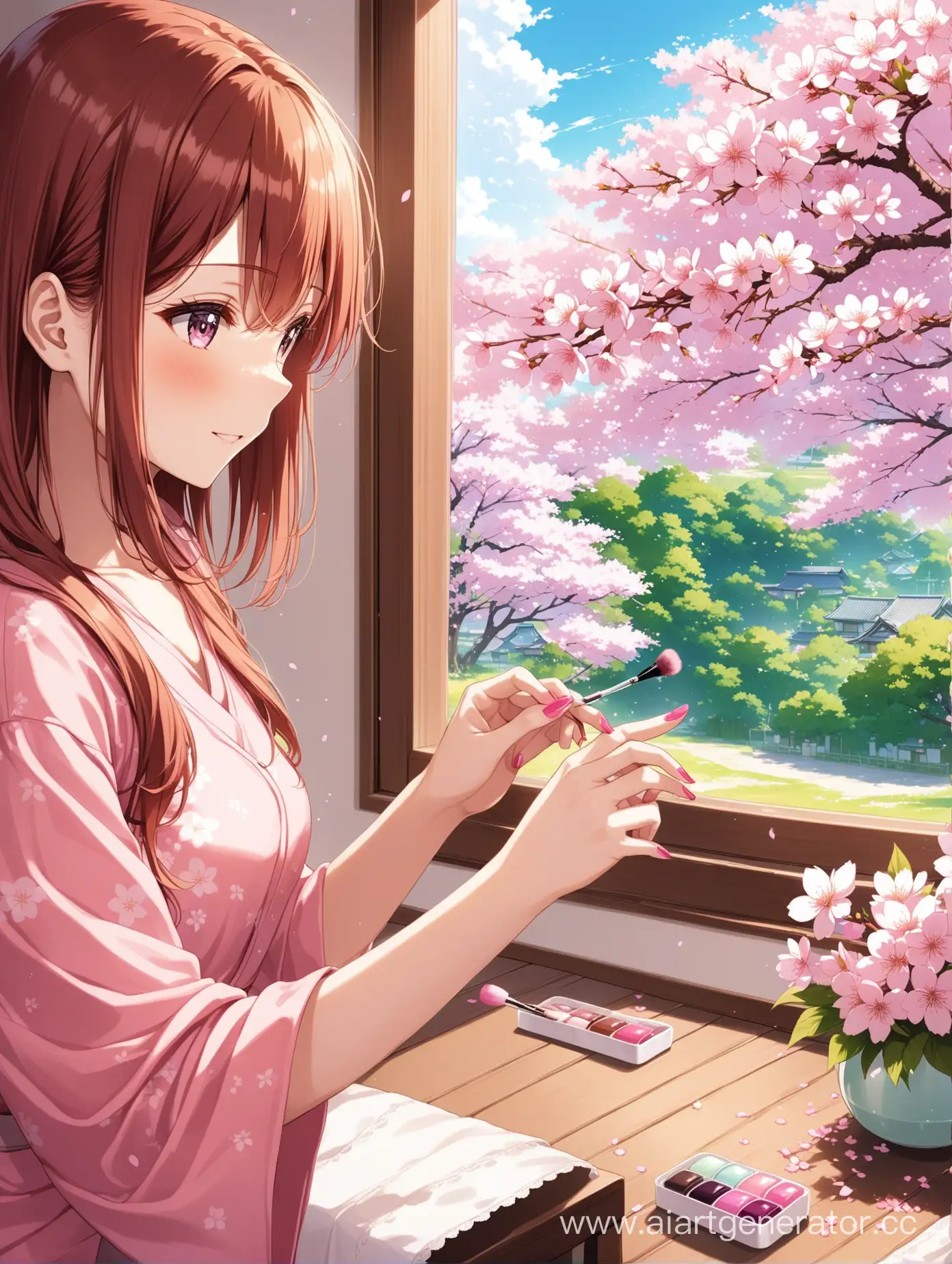 Home-Manicure-Anime-Girl-Beautifying-Another-Amidst-Sakura-Blossoms