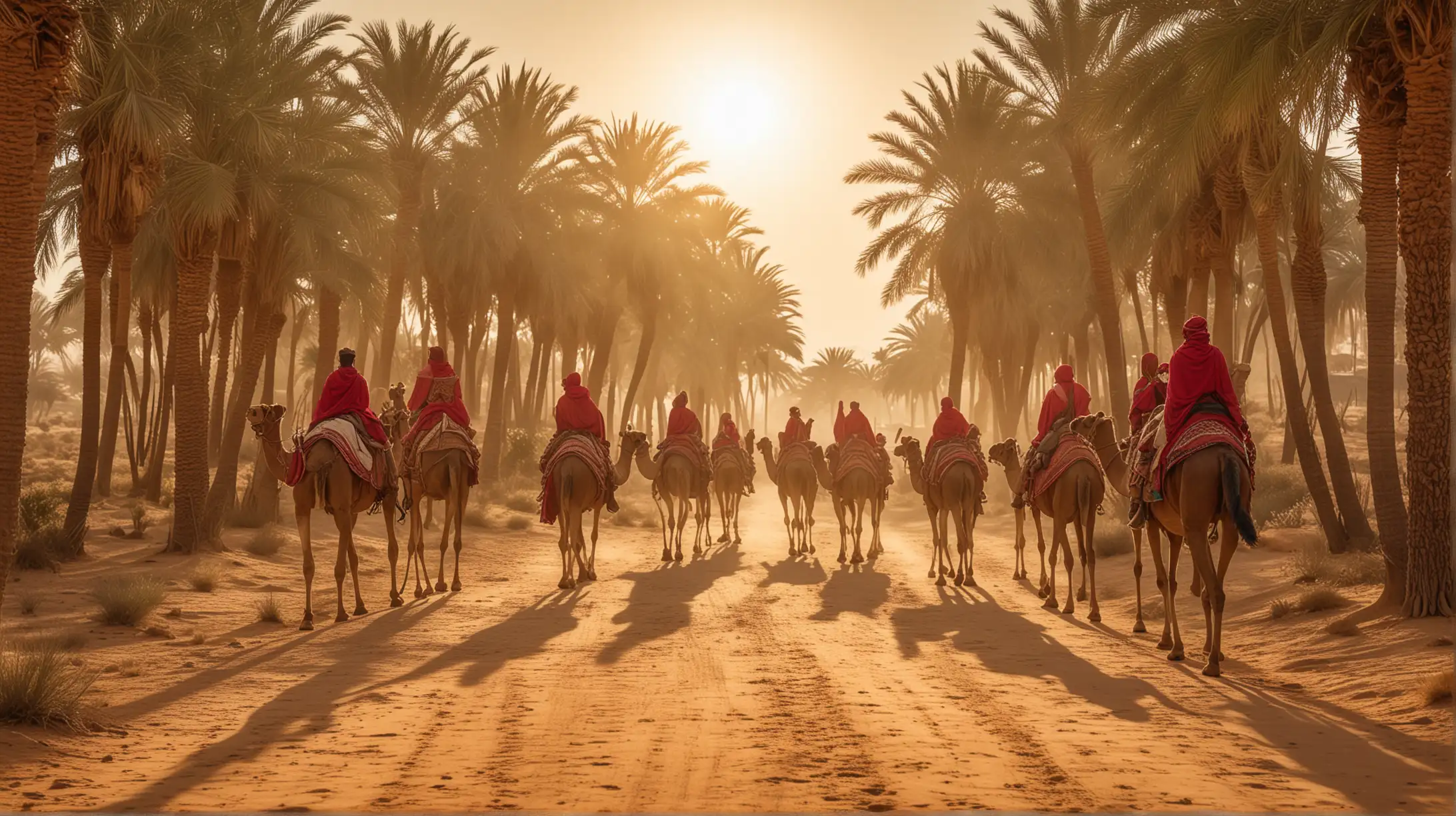 Queen of Sheba caravan on the way to meet king Salomon, crossing the desert, servants and soldiers, richly dressed in iron and silk, four legs only camels,  horses, richly adorned, carring tents and gifts, reaching an oasis, palm trees, ponds, sunset, gentle light, lots of gold, red