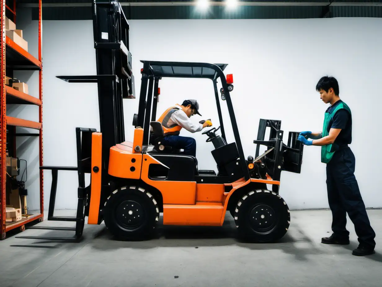 people repairing a forklift, make the light white