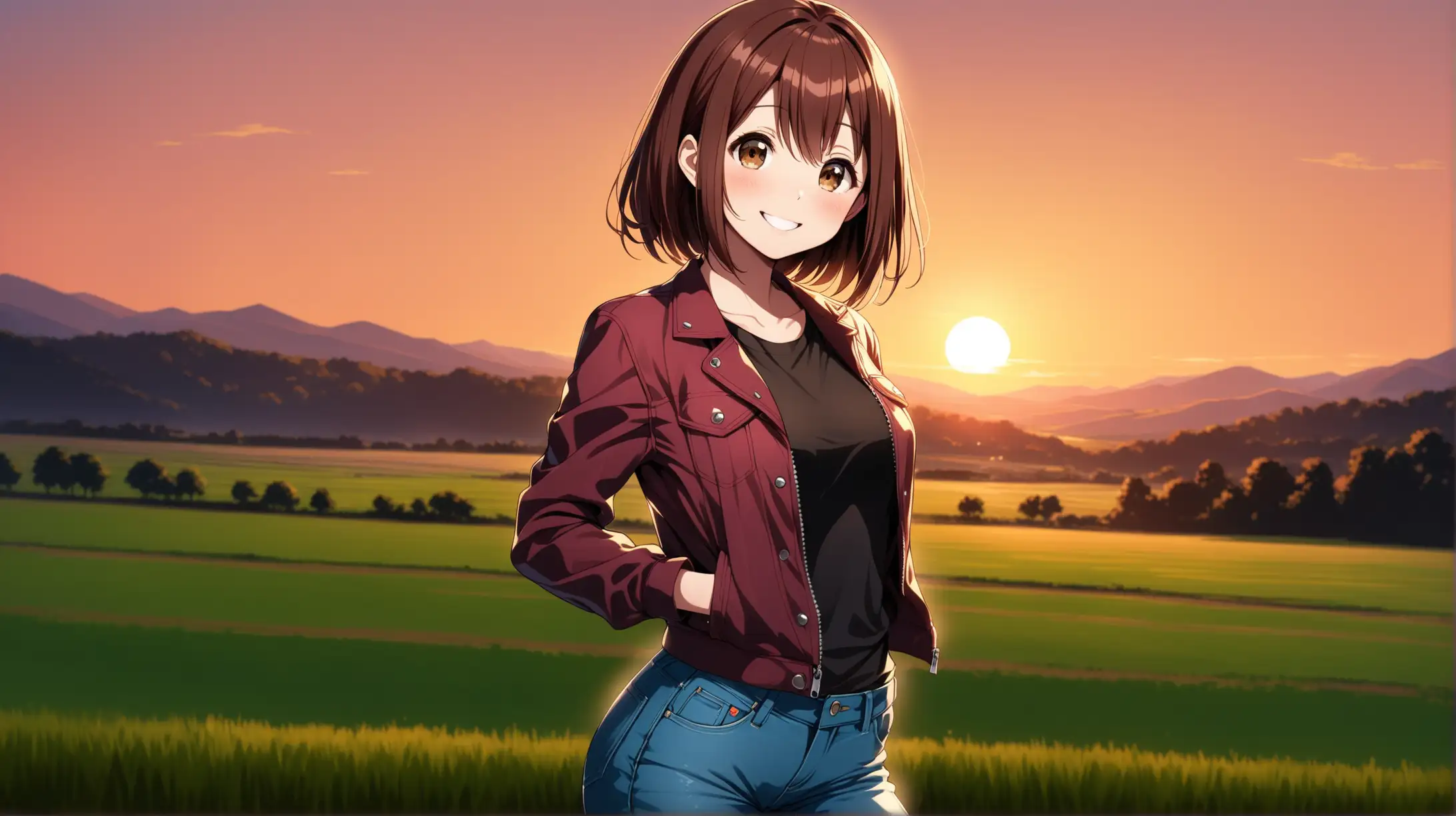 Draw the character Ochaco Uraraka, brown hair, dark brown eyes, high quality, long shot, ambient lighting, outdoors, countryside, seductive pose, jeans and a jacket, smiling