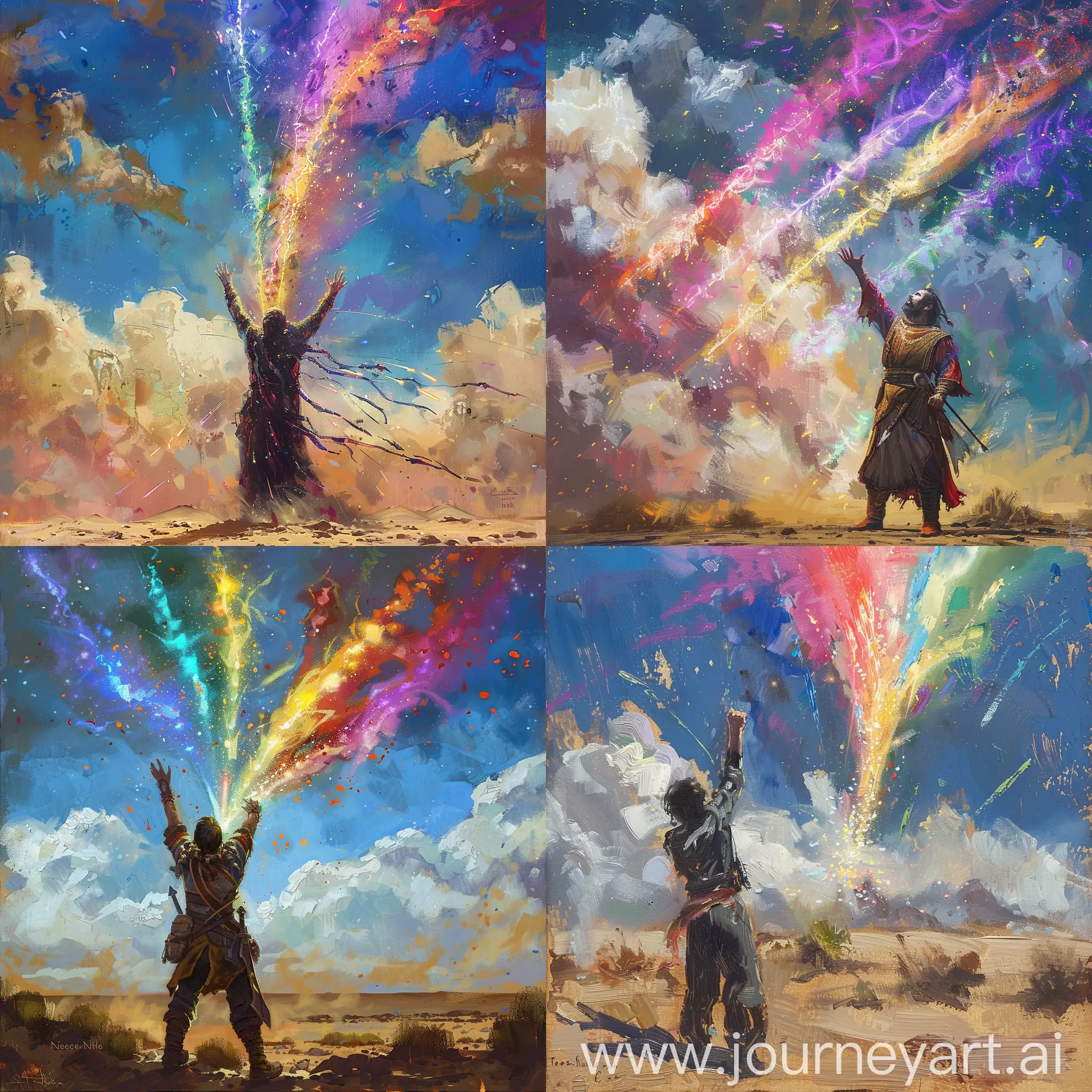 dessert battle mage with his arms raised over his head shooting a spectrum of color magic into the sky.
In the art style of Terese Nielsen oil painting.