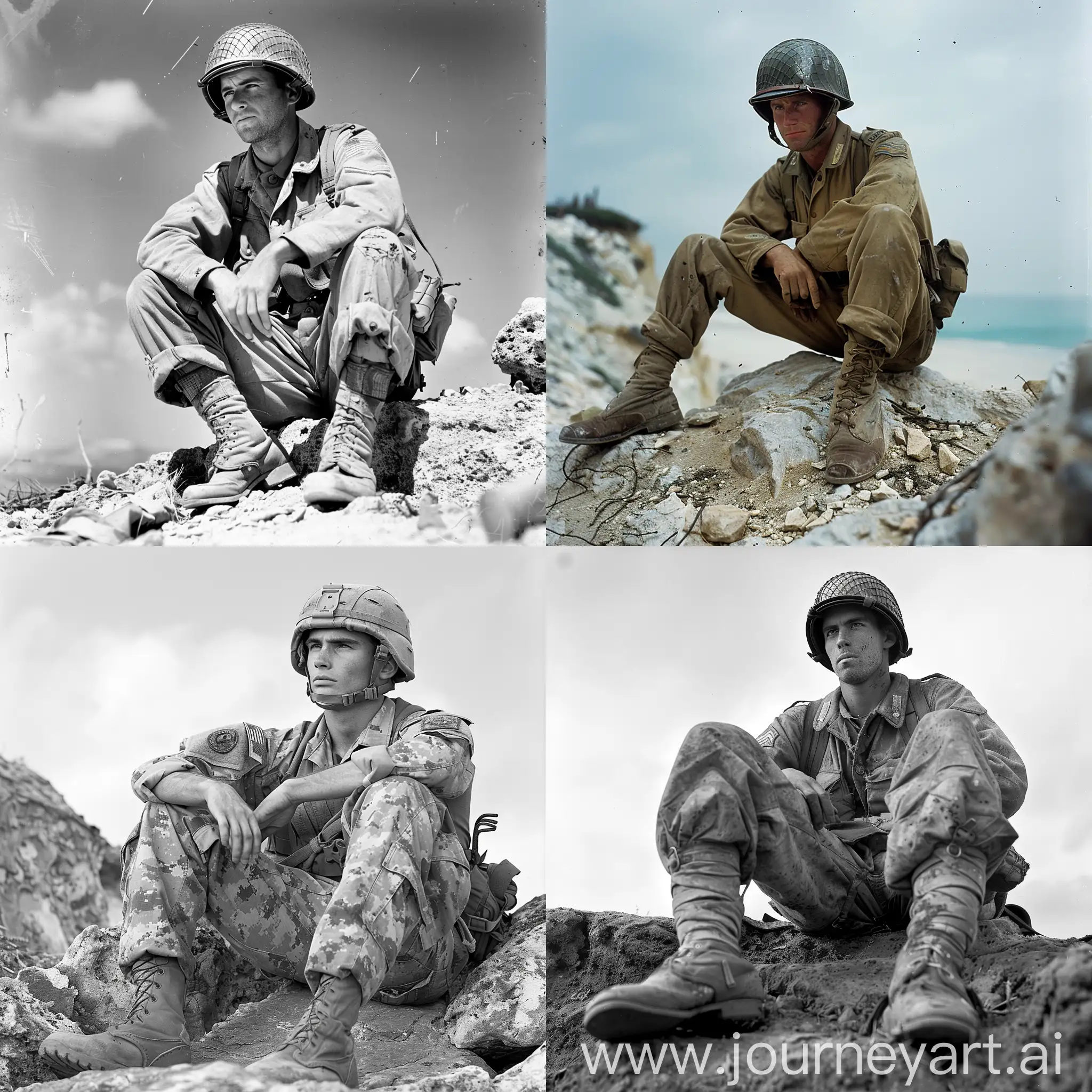 Lonely-Soldier-Resting-on-Rock-in-Military-Uniform