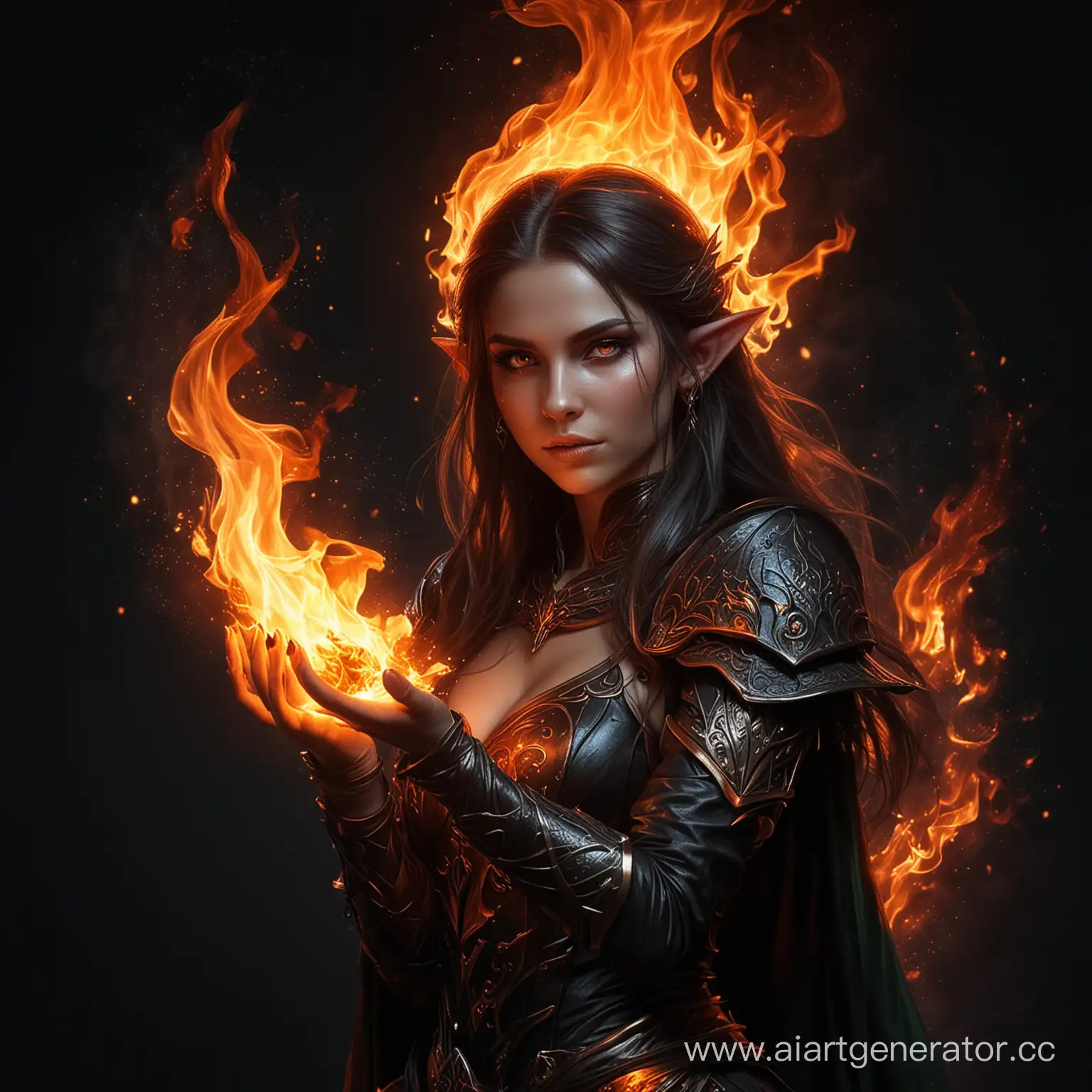 Фентези арт, девушка эльф, огненный волшебник, на черном фоне в огне