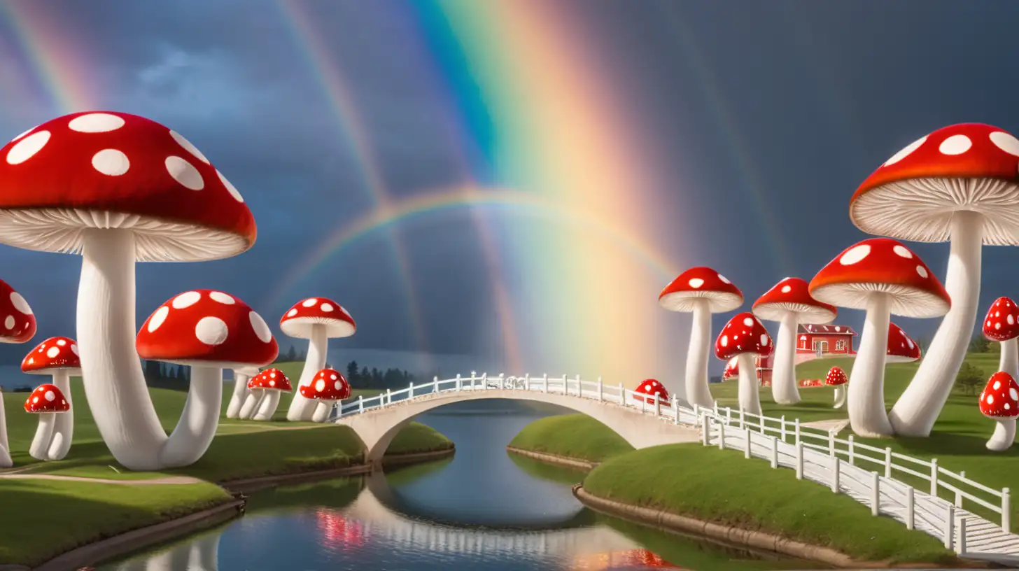 red and white mushroom houses surrounding glowing moat with a rainbow bridge