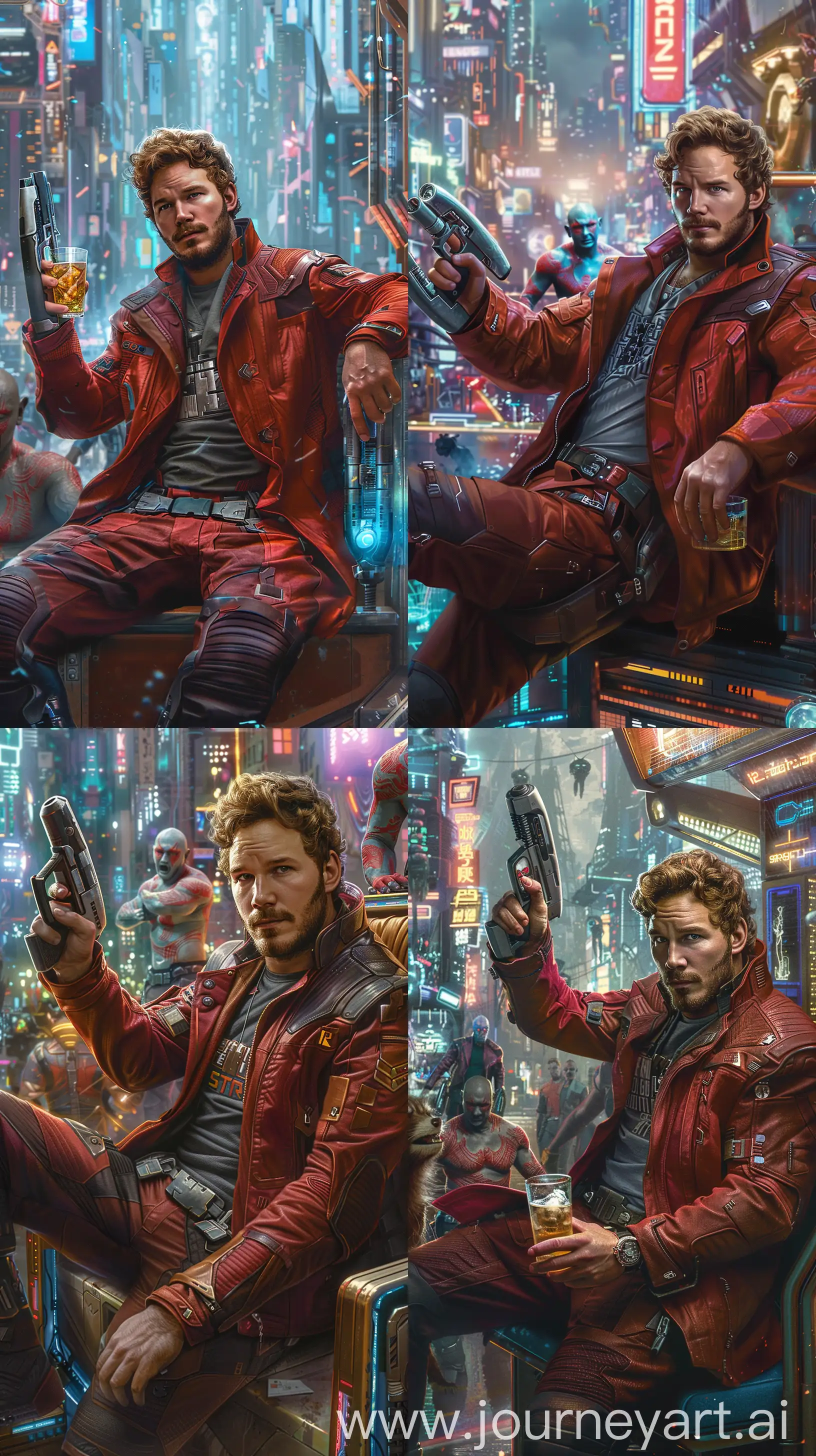 In the image, Star-Lord, a man with brown hair and a beard, is holding a blaster while sitting on a booth in a cyberpunk city. He wears a red jacket and holds a drink in his hand. The background features a cityscape with neon lights and his team --ar 9:16 --s 250
