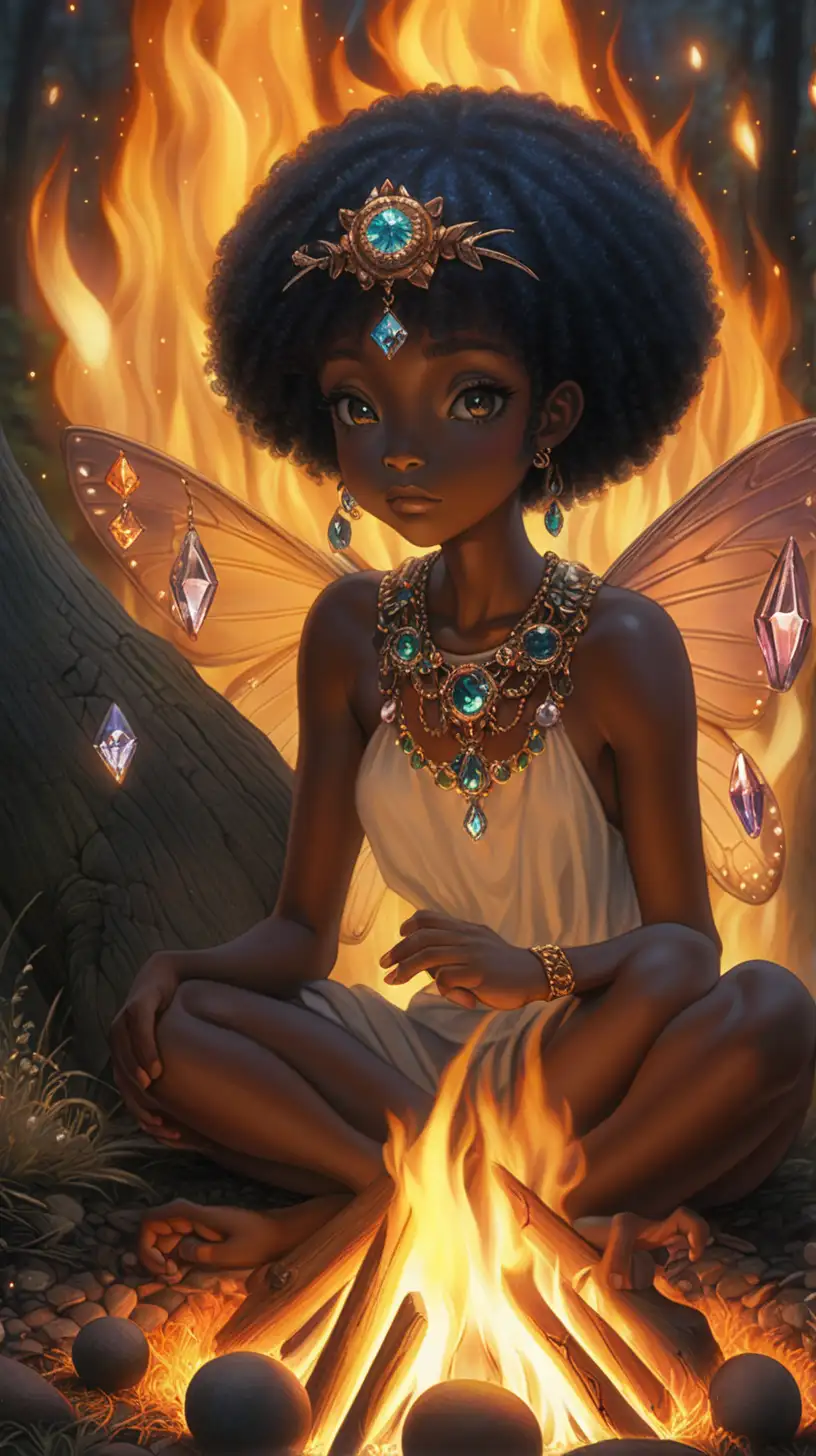 macro, ghibli art style, ugly art, dark fantasy, fairy circle, gleaming jewels, bonfire, melanin