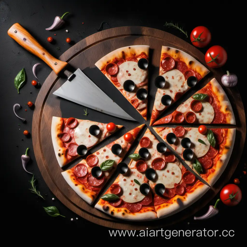 Rustic-Pizza-Presentation-Wooden-Board-and-Hatchet-on-Black-Background