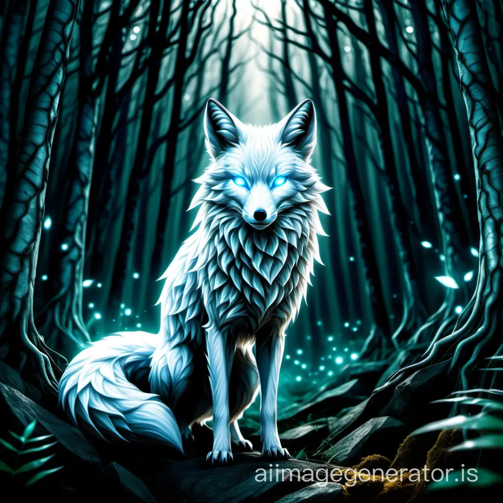 Nine-tailed white fox, diamond, glowing, forest, eyes, vector graphics, fantasy realism, HD, detailing