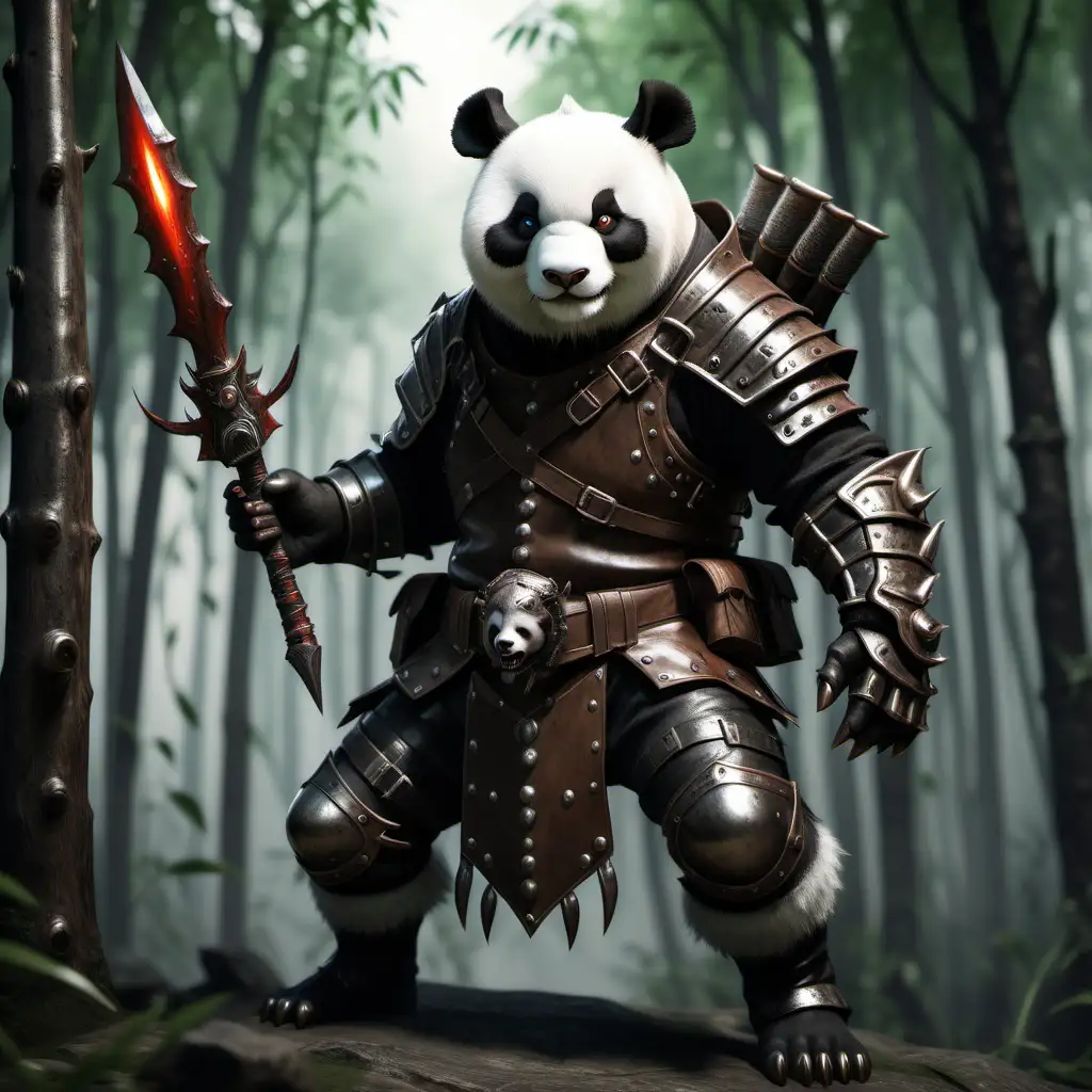 реалистичная панда-охотник-демонв кожаных доспехах целится в полный рост 