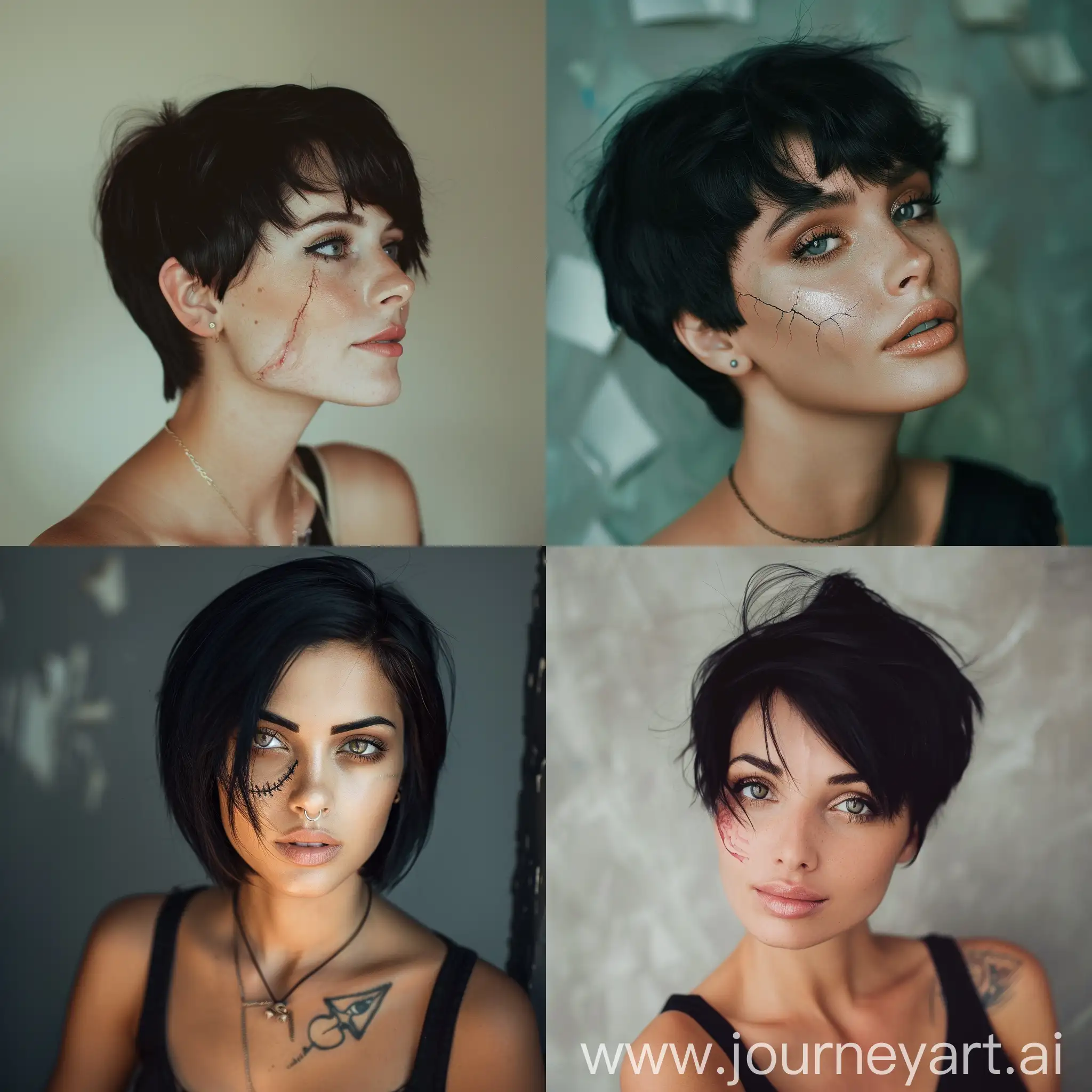 a beautiful woman with black short hair with a scar on her face