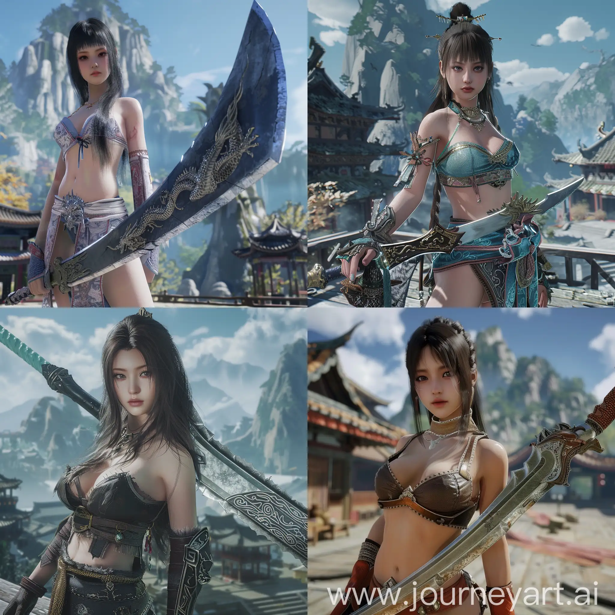 background mountain.in the sky chinese Dragon color azure.in the village beatiful low-cut attractive girl.she one hand a thick and big sword weapon style mmorpg . qualtiy unreal engine 4