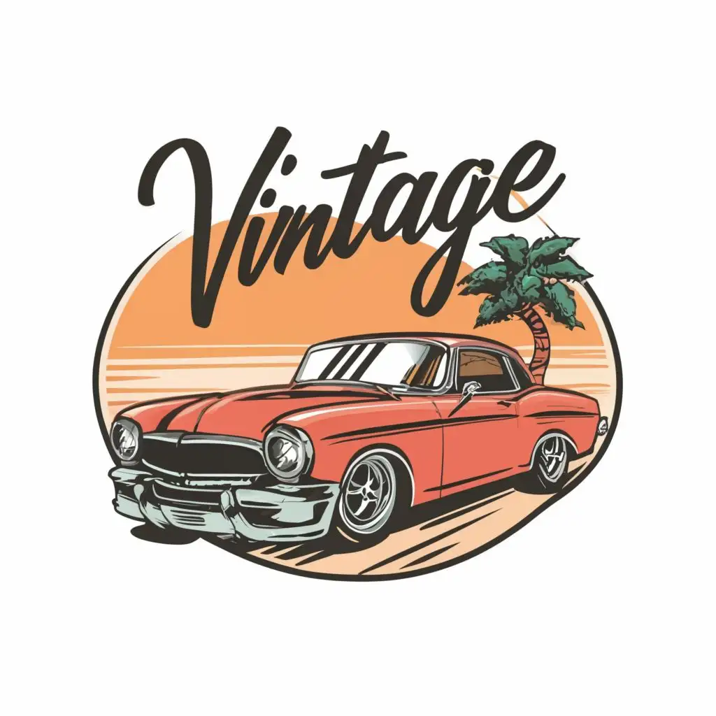 logo, Imagine prompt: create a beach scene with hot rod cars hanging out at the beach, Happy, Cool Colors, Gothic, Contour, Vector, White Background, Detailed, no words, with the text "Vintage", typography