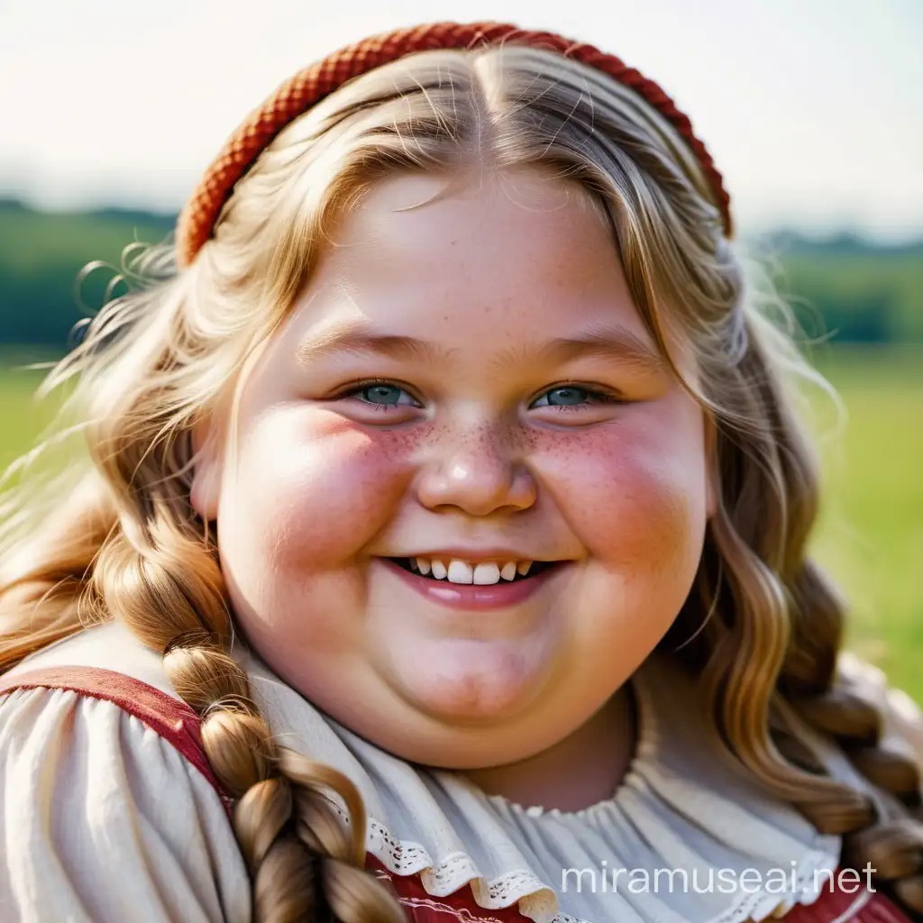 Very detailed photo of a very obese , smiling eight year old peasant girl, with very fat face with red cheeks and peachfuzz, blue eyes, very fat body, long wavy messy blonde hair, yellow teeth, thick eyebrows, wearing old-fashioned peasant dress