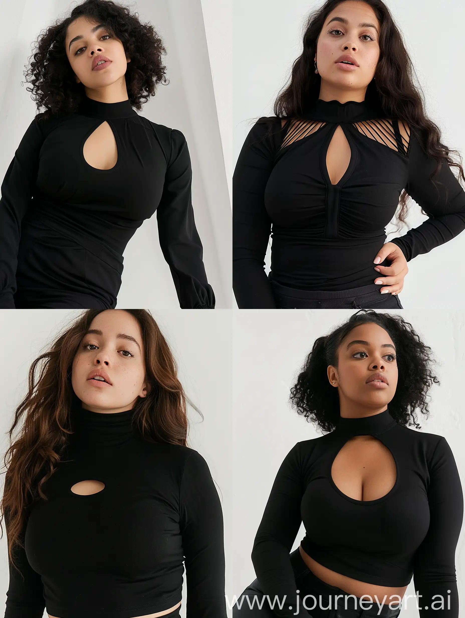 Plus size модель в черном лонгсливе с вырезом на груди как на фото sref https://cdna.lystit.com/photos/asos/5aeeddbe/ivyrevel-Black-Long-Sleeve-Cutout-Top.jpeg на белом фоне